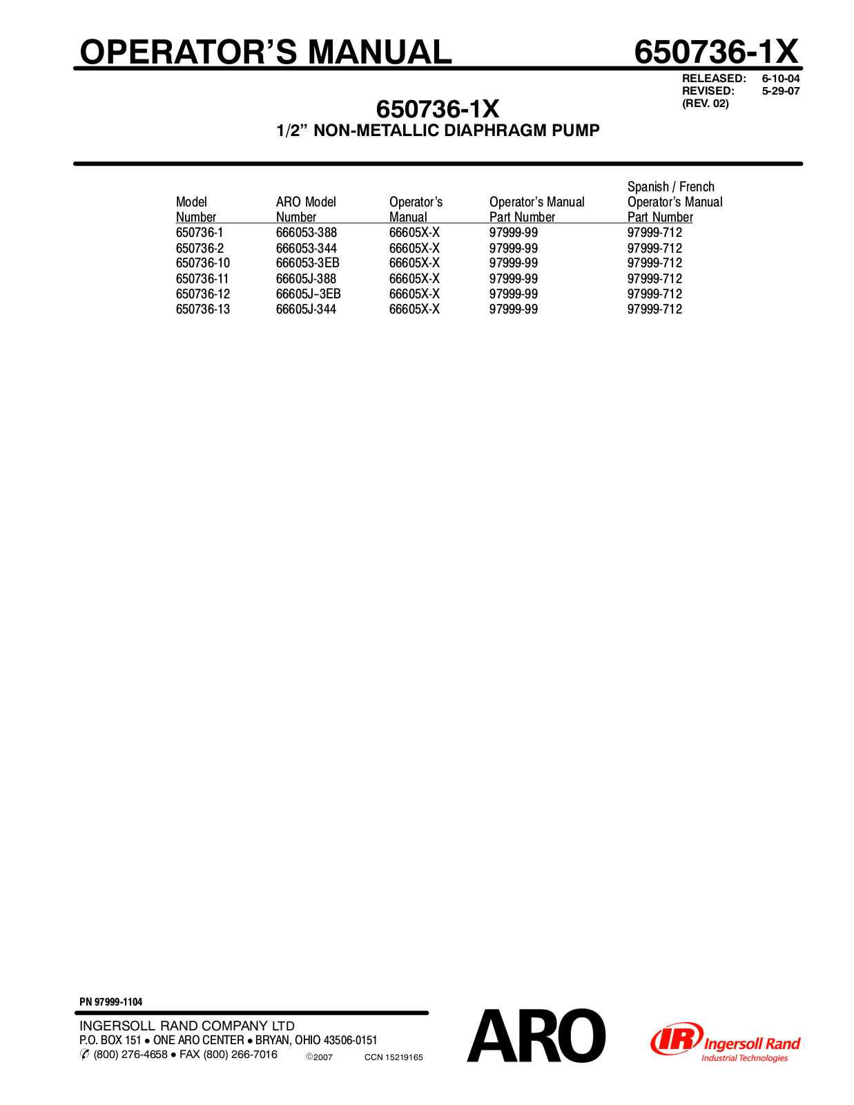 Ingersoll-Rand 650736-2, 650736-13, 650736-12, 650736-11, 650736-10 User Manual