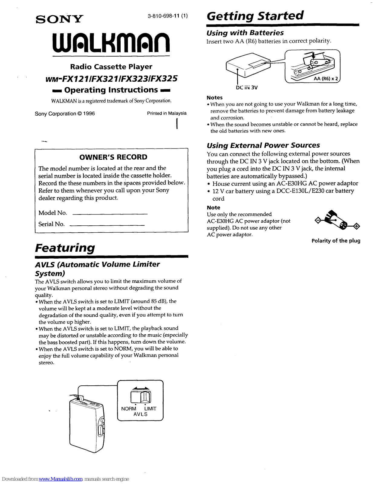 Sony Walkman WM-FX121,Walkman WM-FX323,Walkman WM-FX321,Walkman WM-FX325 Operating Instructions Manual