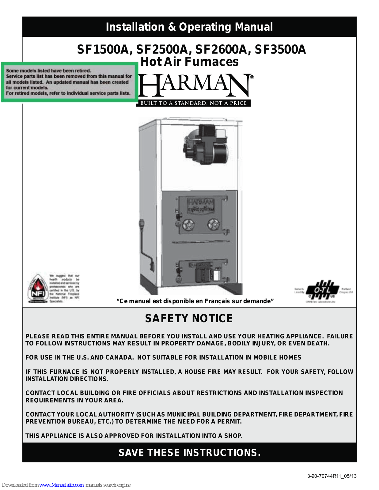 Harman Stoves SF1500A, SF2500A, SF3500A, SF2600A Installation & Operating Manual