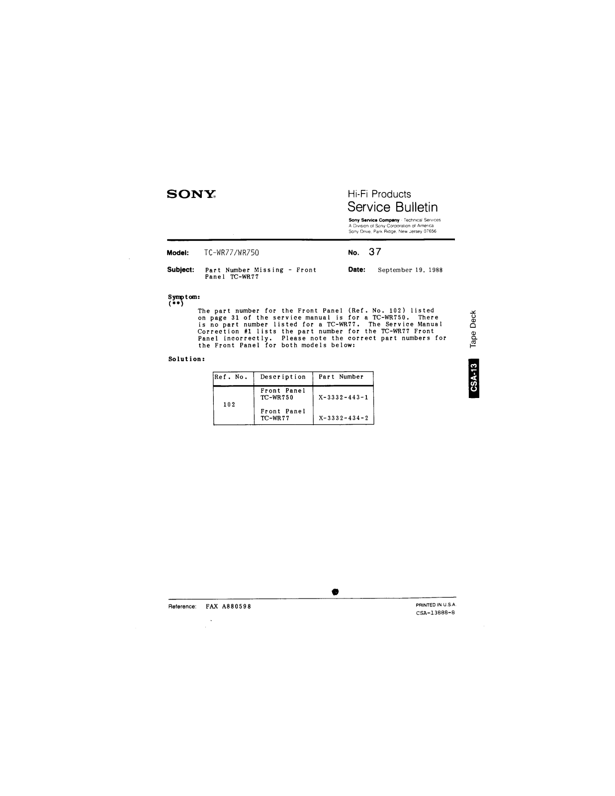Sony TC-WR77, TC-WR750 Service Manual