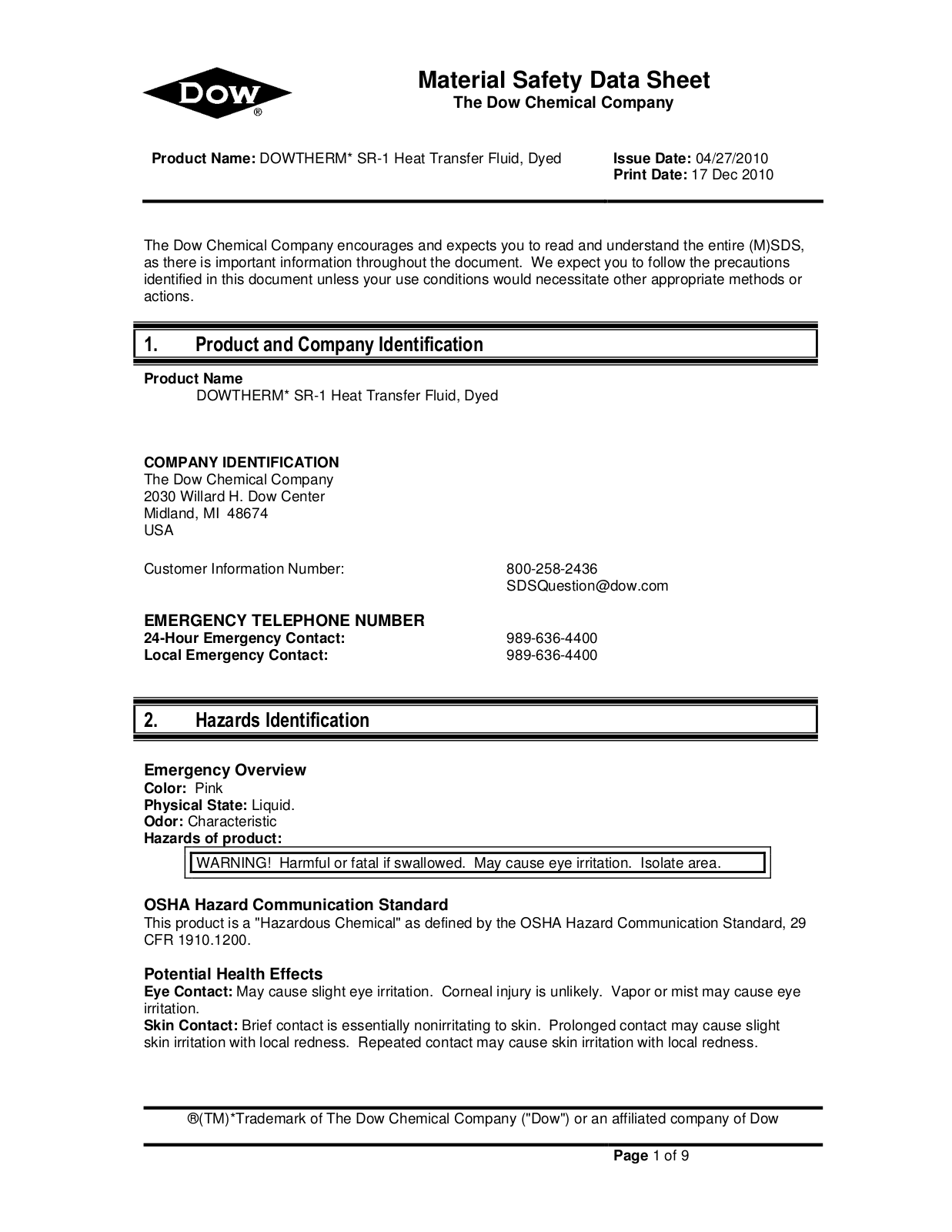 Taylor Freezer DOWTHERM SR-1 General Manual