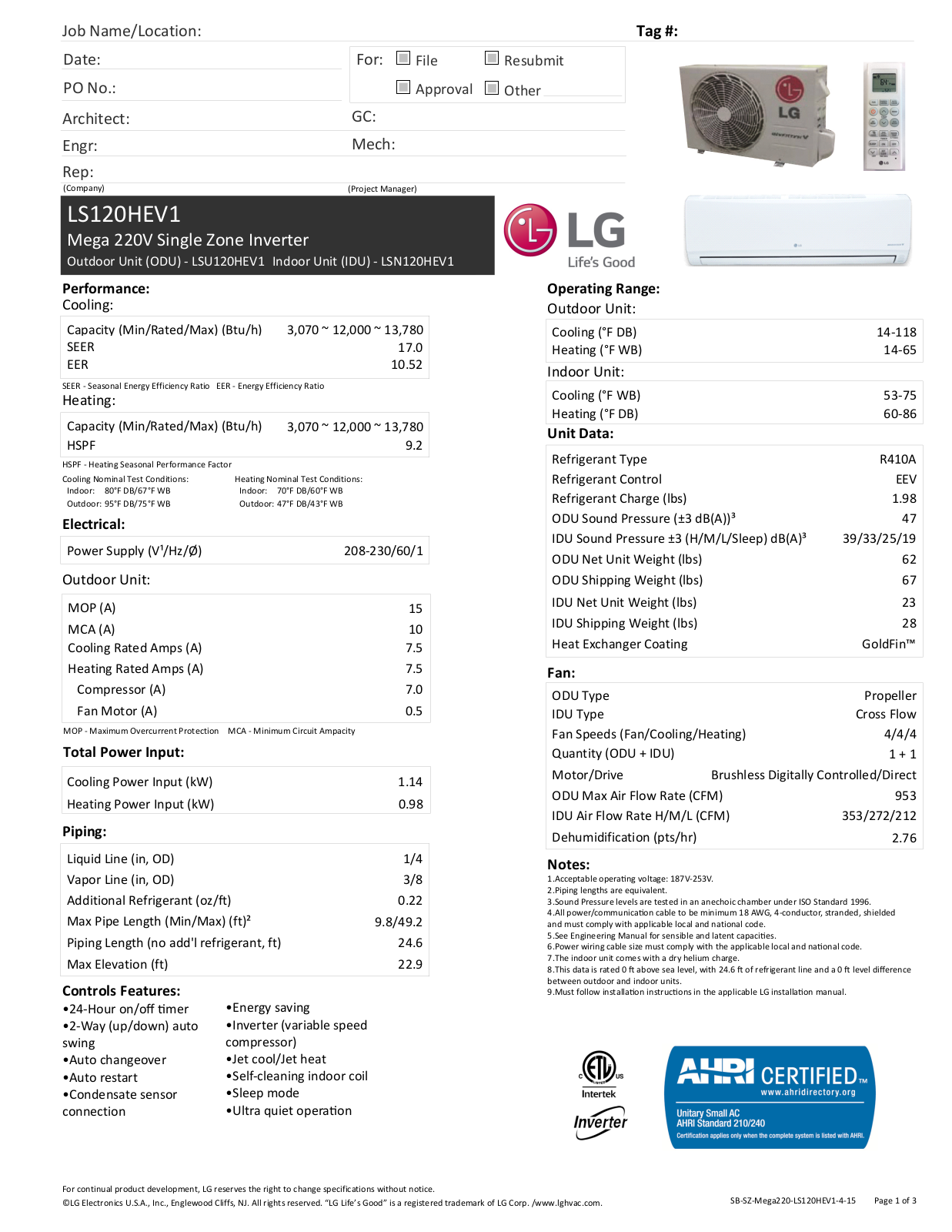 LG LSU120HEV1 Specifications