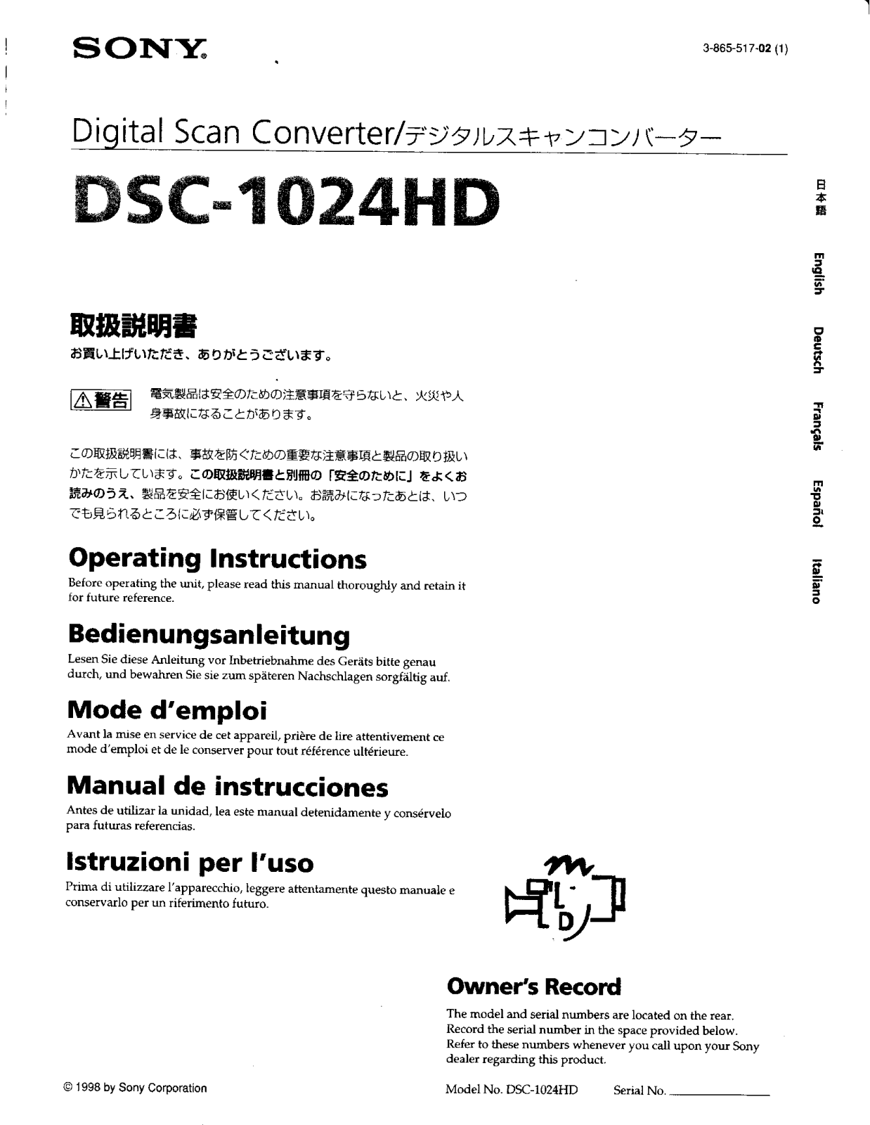 Sony DSC-1024HD Operating Manual