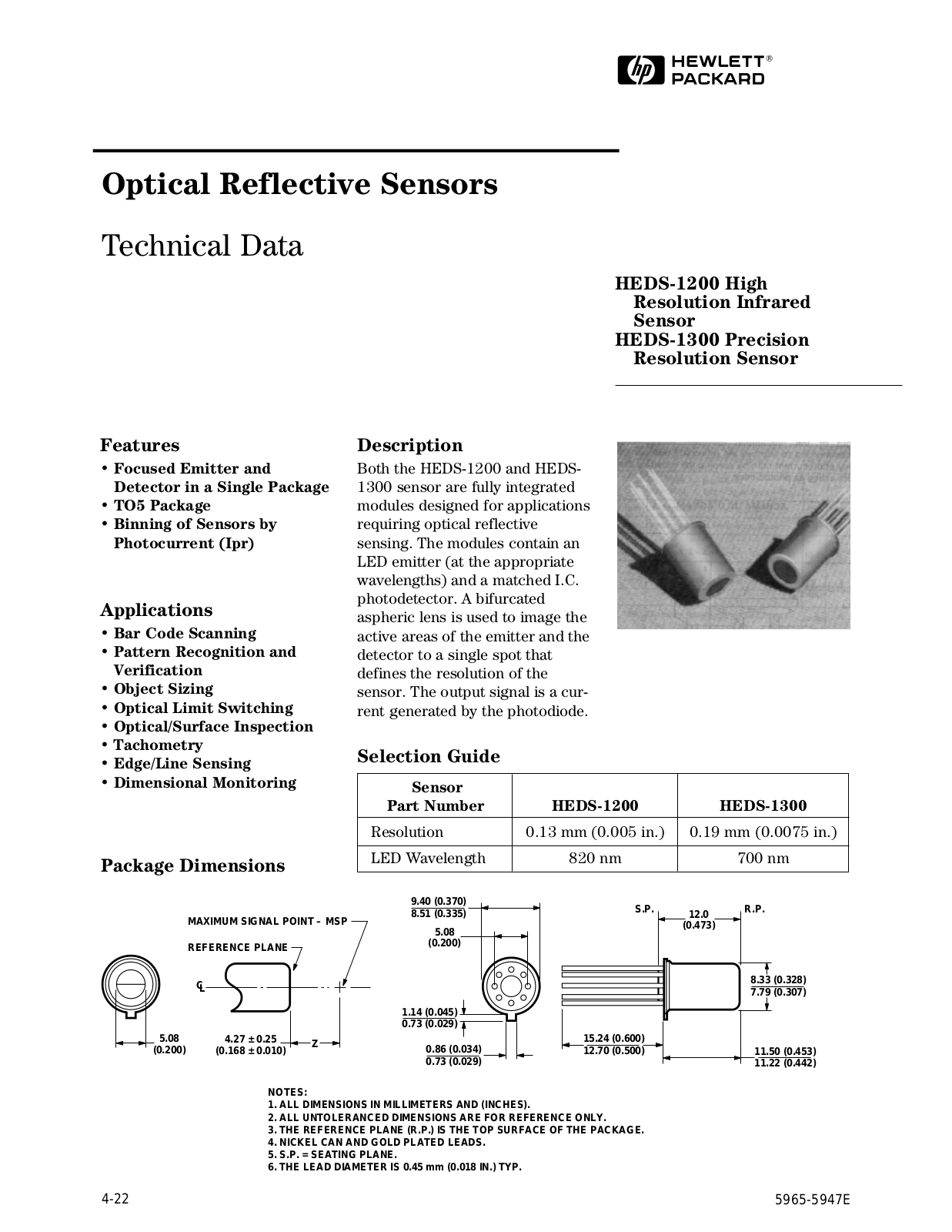 HP HEDS-1300, HEDS-1200 Datasheet