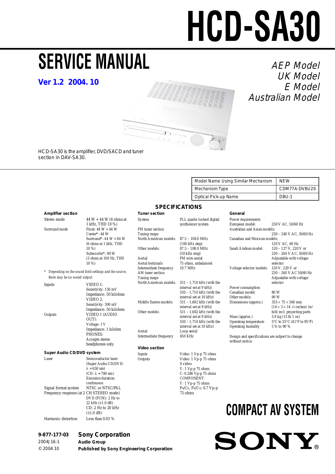 Sony HCD SA30 Service Manual v1.2