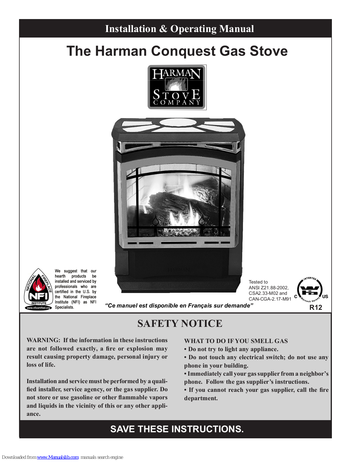 Harman Stove Company Conquest Installation & Operating Manual