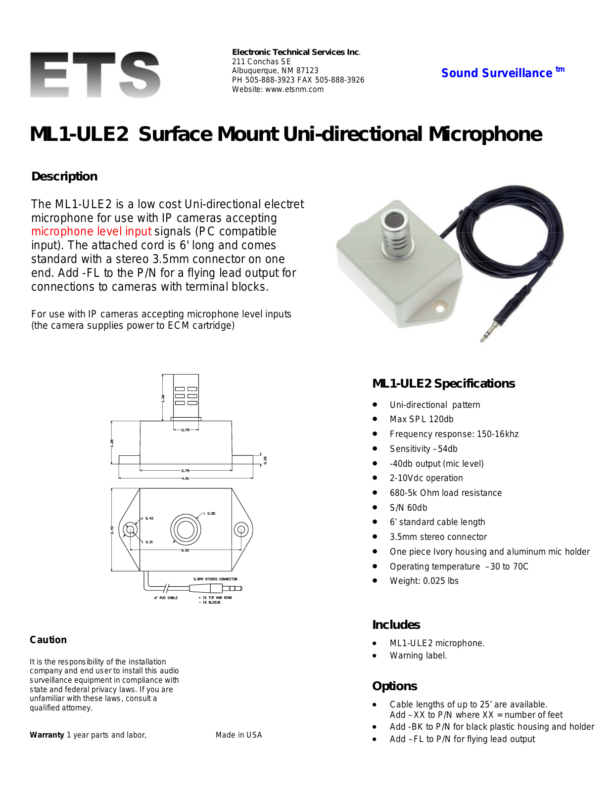 ETS ML1-ULE2 Specsheet