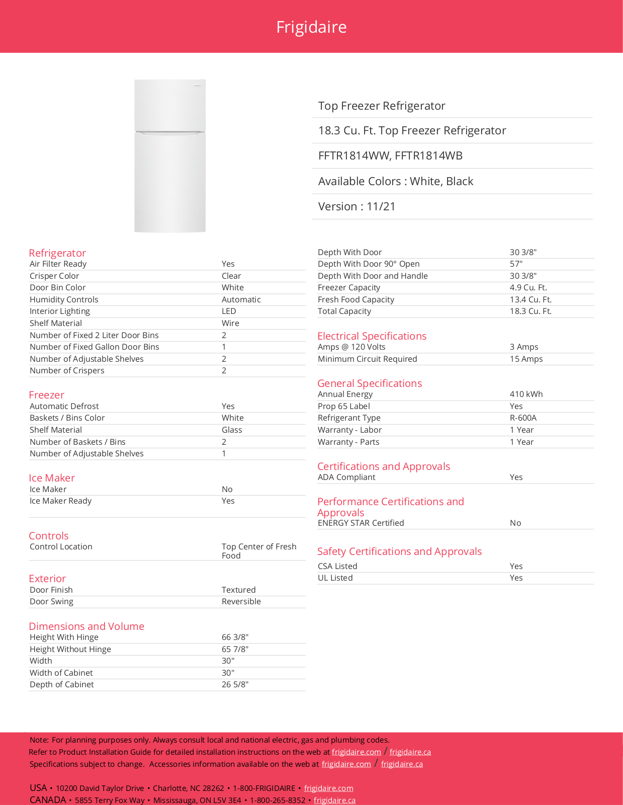 Frigidaire FFTR1814WB Specifications - ManualMachine.com