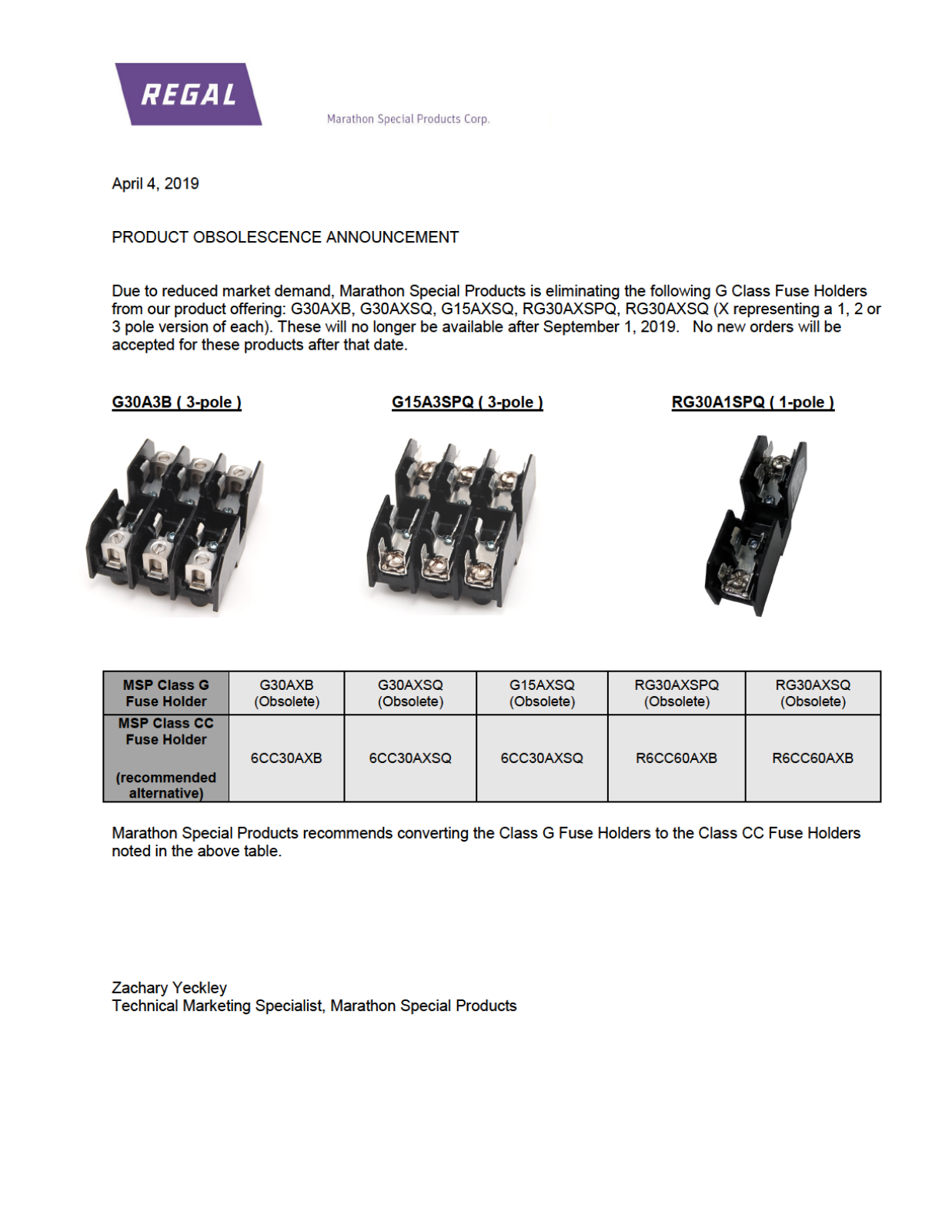 Marathon Special Products G Class Fuse Holders Product End of Life Notice