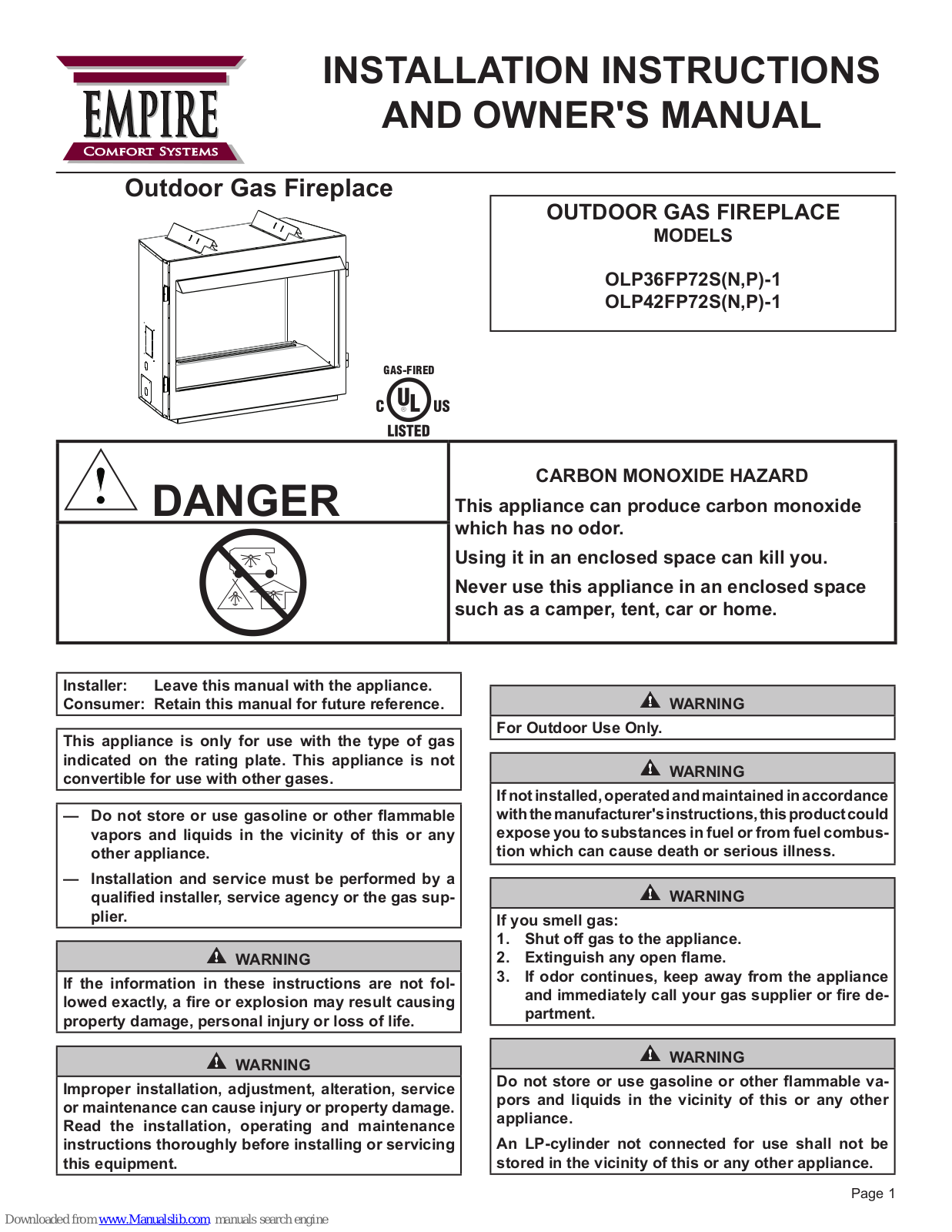 Empire Comfort Systems OLP36FP72SN-1, OLP36FP72S-1, OLP42FP72S-1, OLP42FP72sN-1, OLP42FP72sP-1 Installation Instructions And Owner's Manual