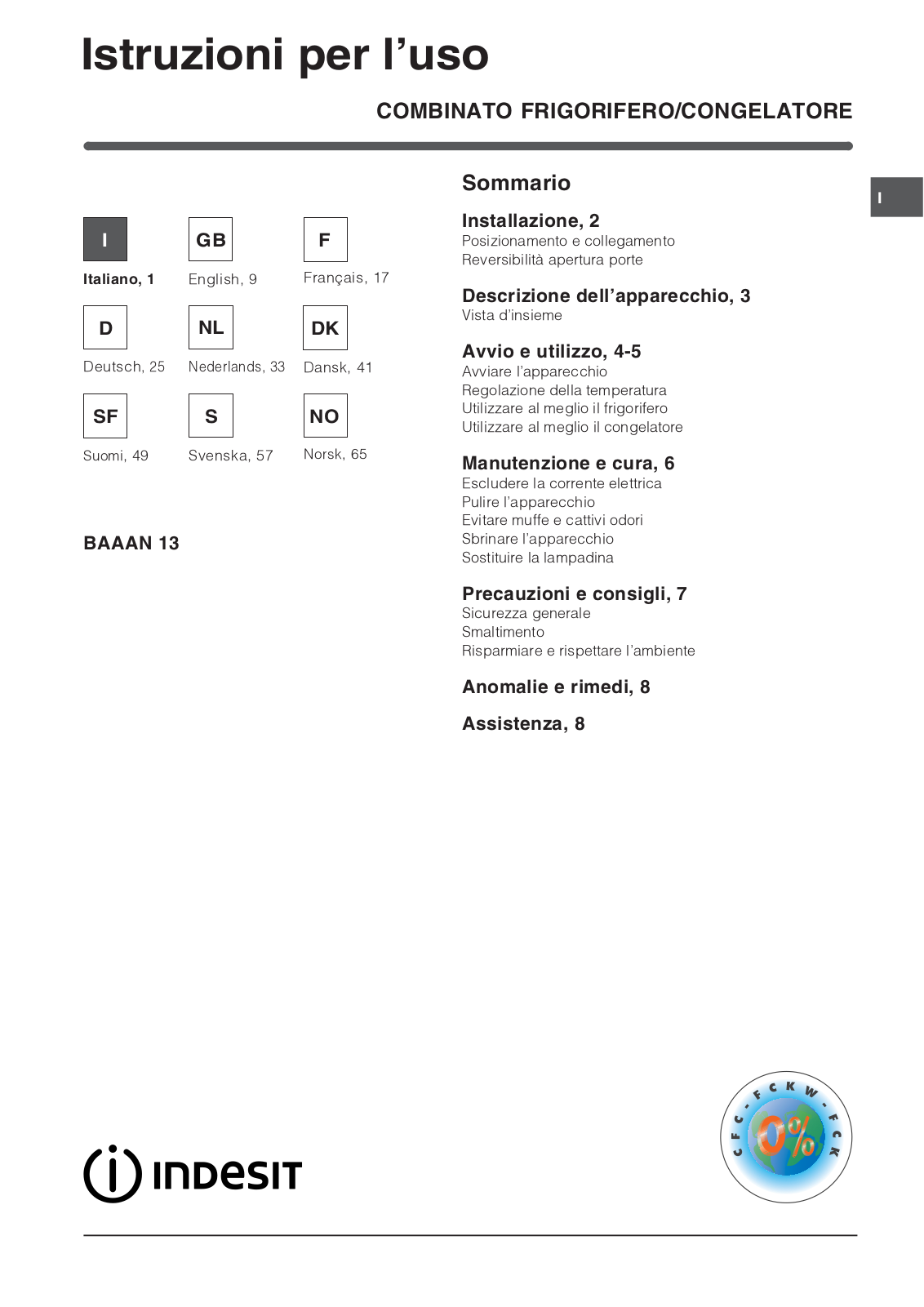 Indesit BAAAN 13 User Manual