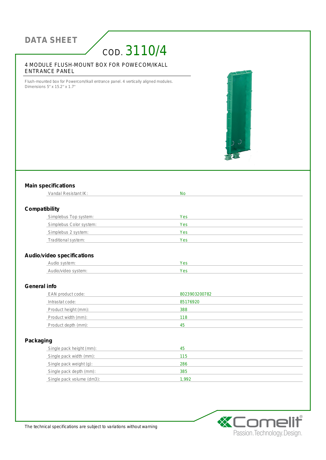 Comelit 3110-4 Specsheet - ManualMachine.com