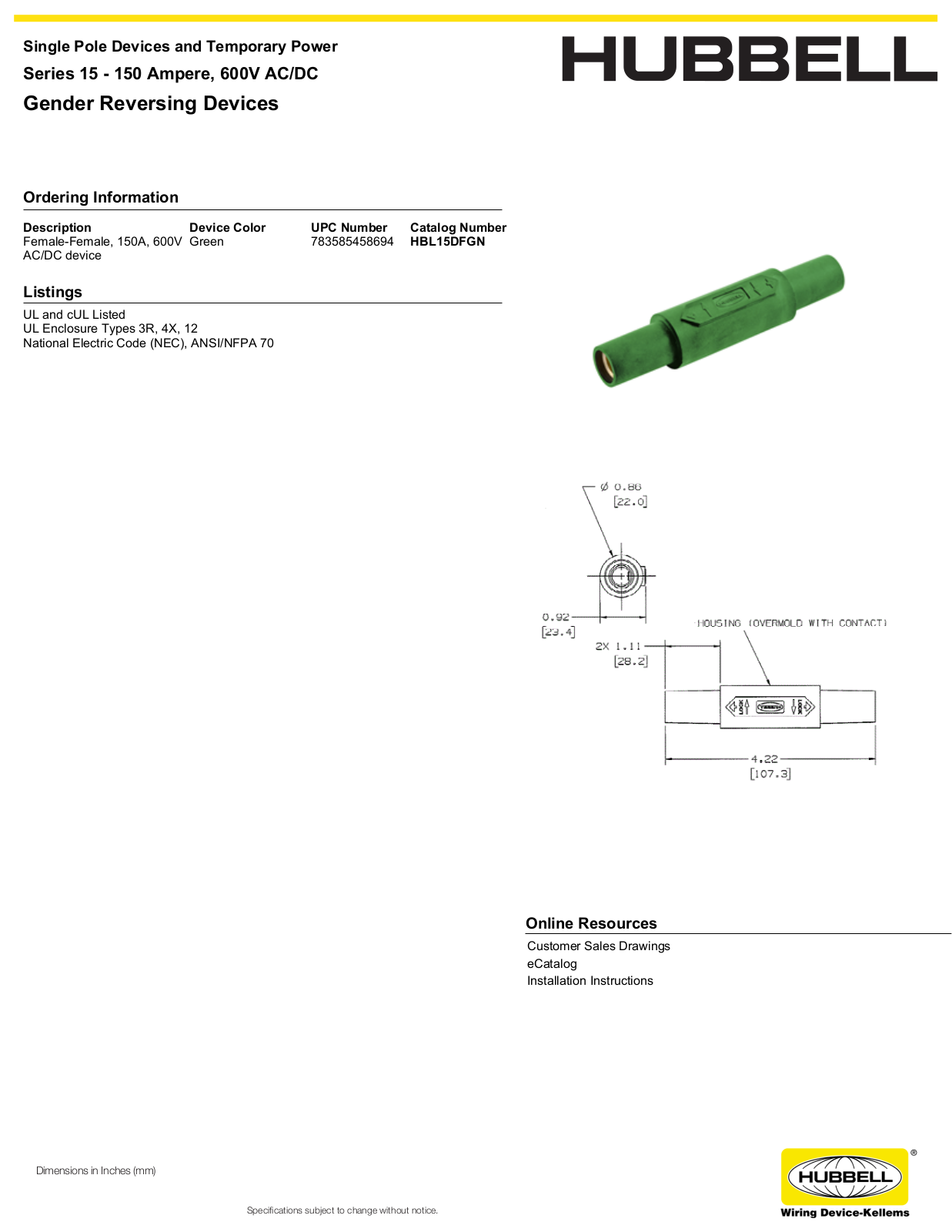 Hubbell HBL15DFGN Specifications