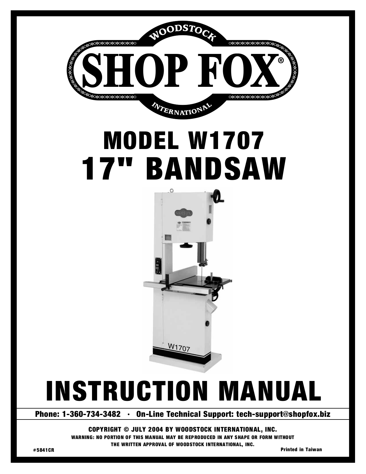 Shop fox W1707 User Manual