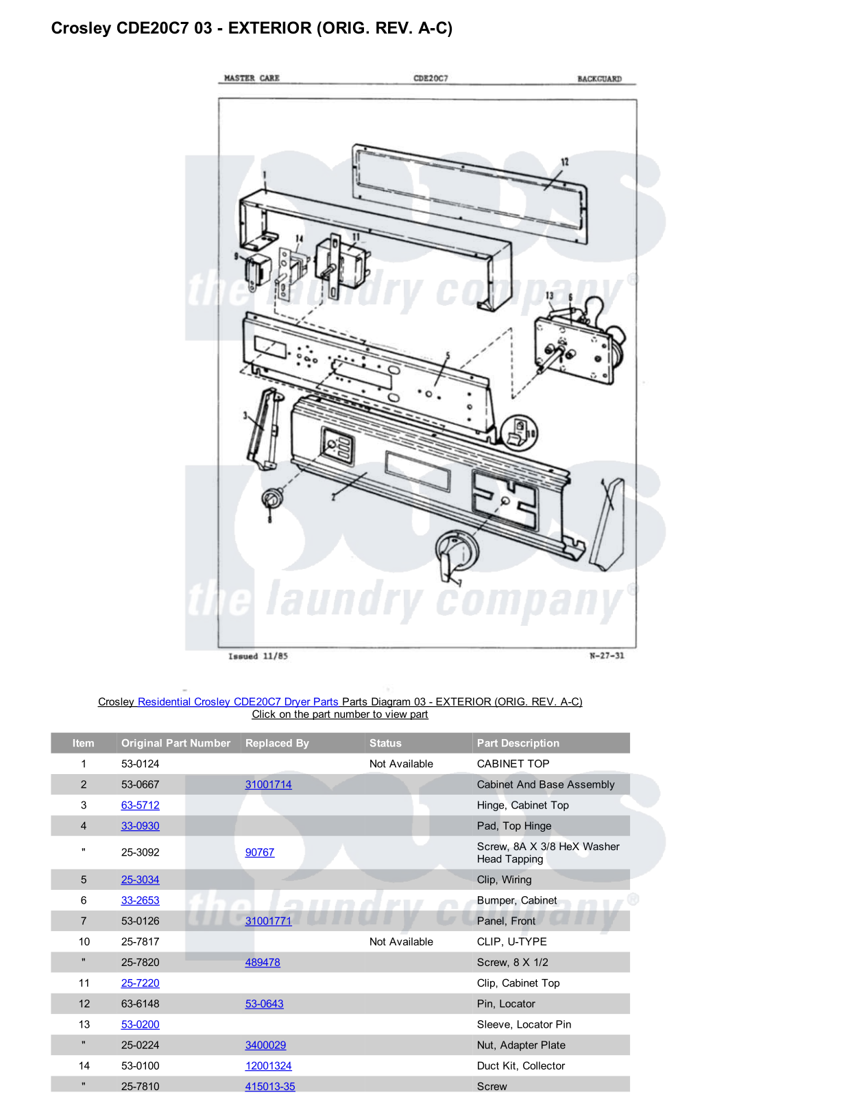 Crosley CDE20C7 Parts Diagram