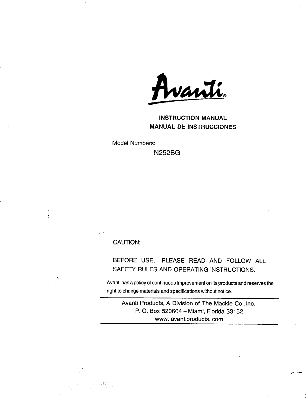 Avanti N252BG User Manual