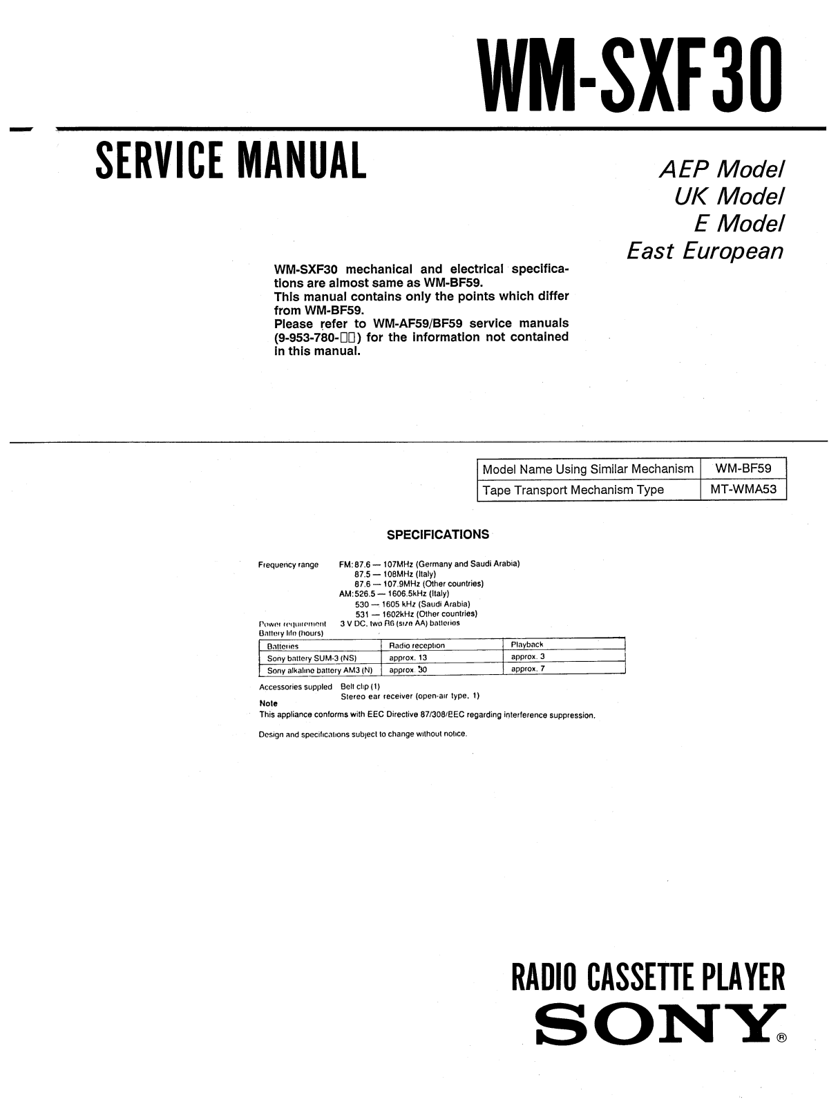 Sony WMSFX-30 Service manual