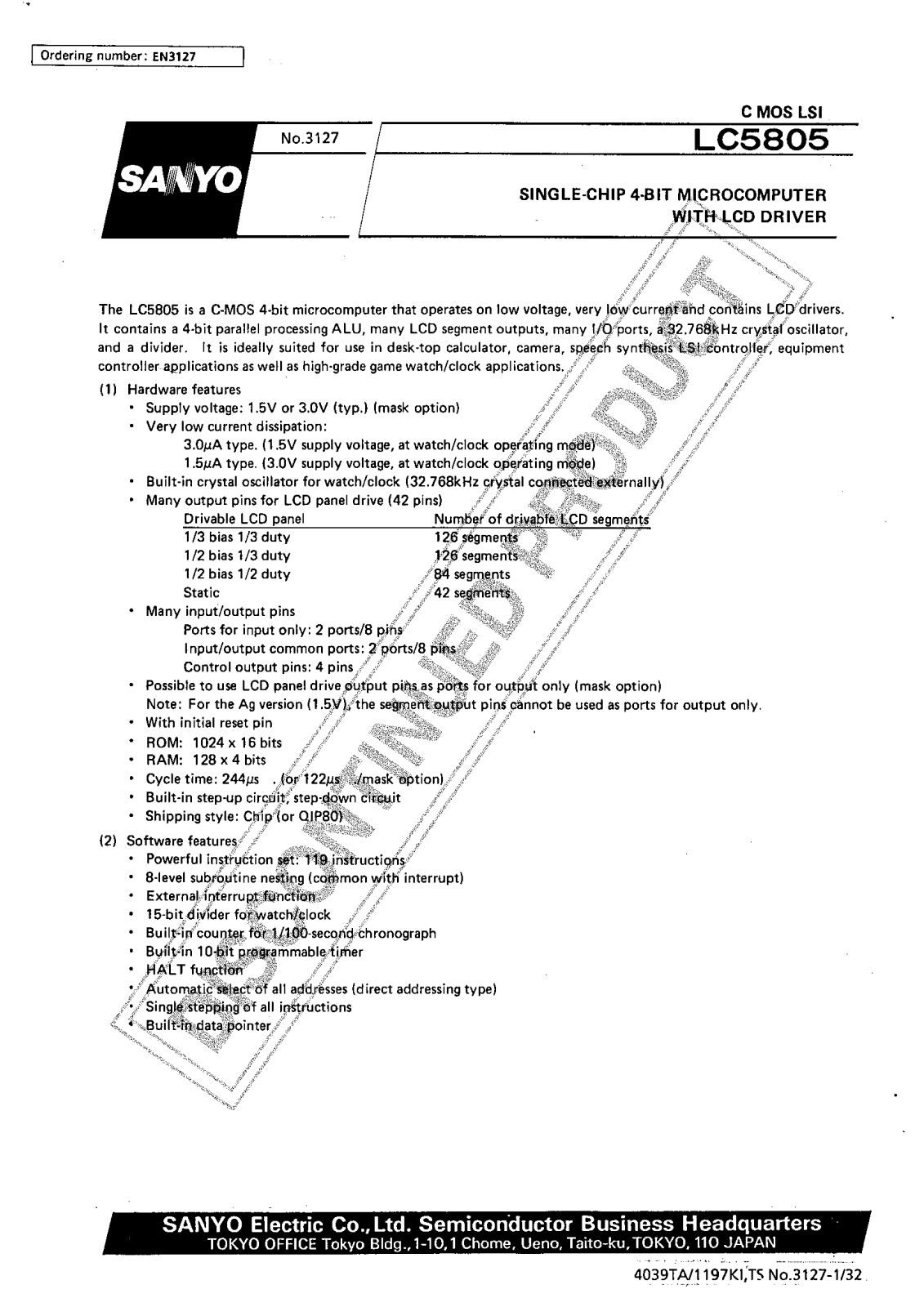 Sanyo LC5805 Specifications