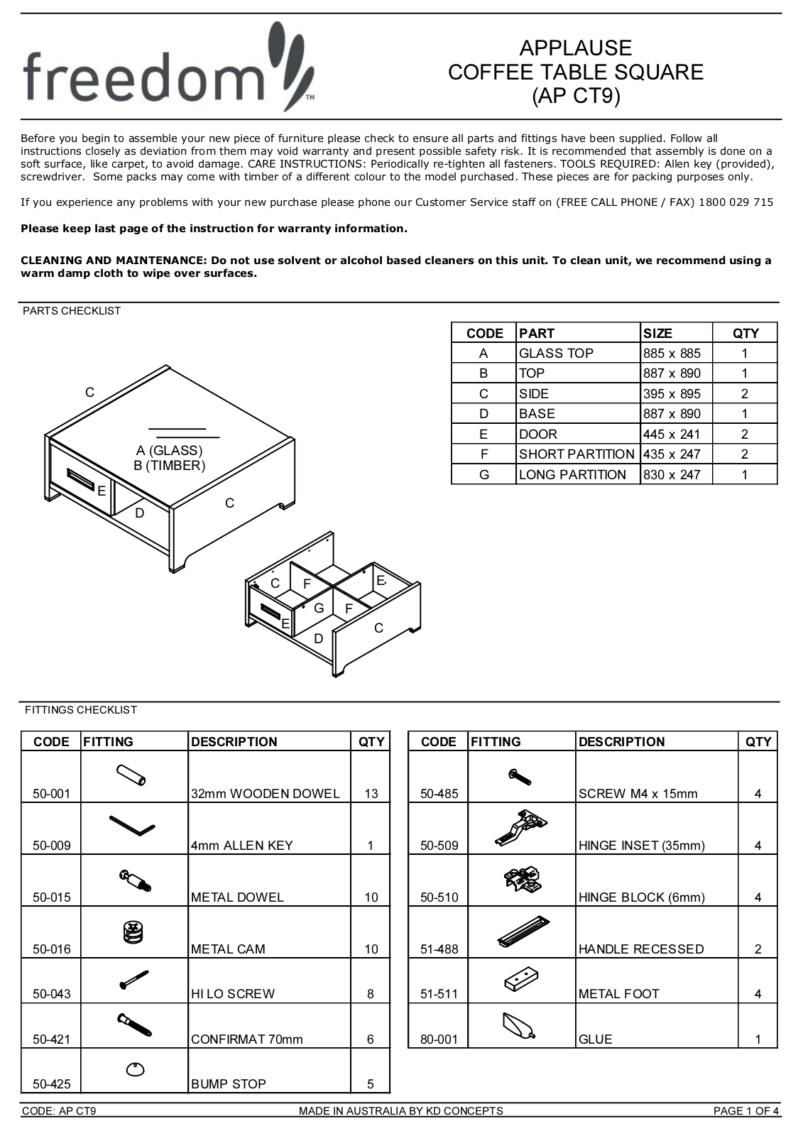 Freedom Applause Coffee Table Square Assembly Instruction