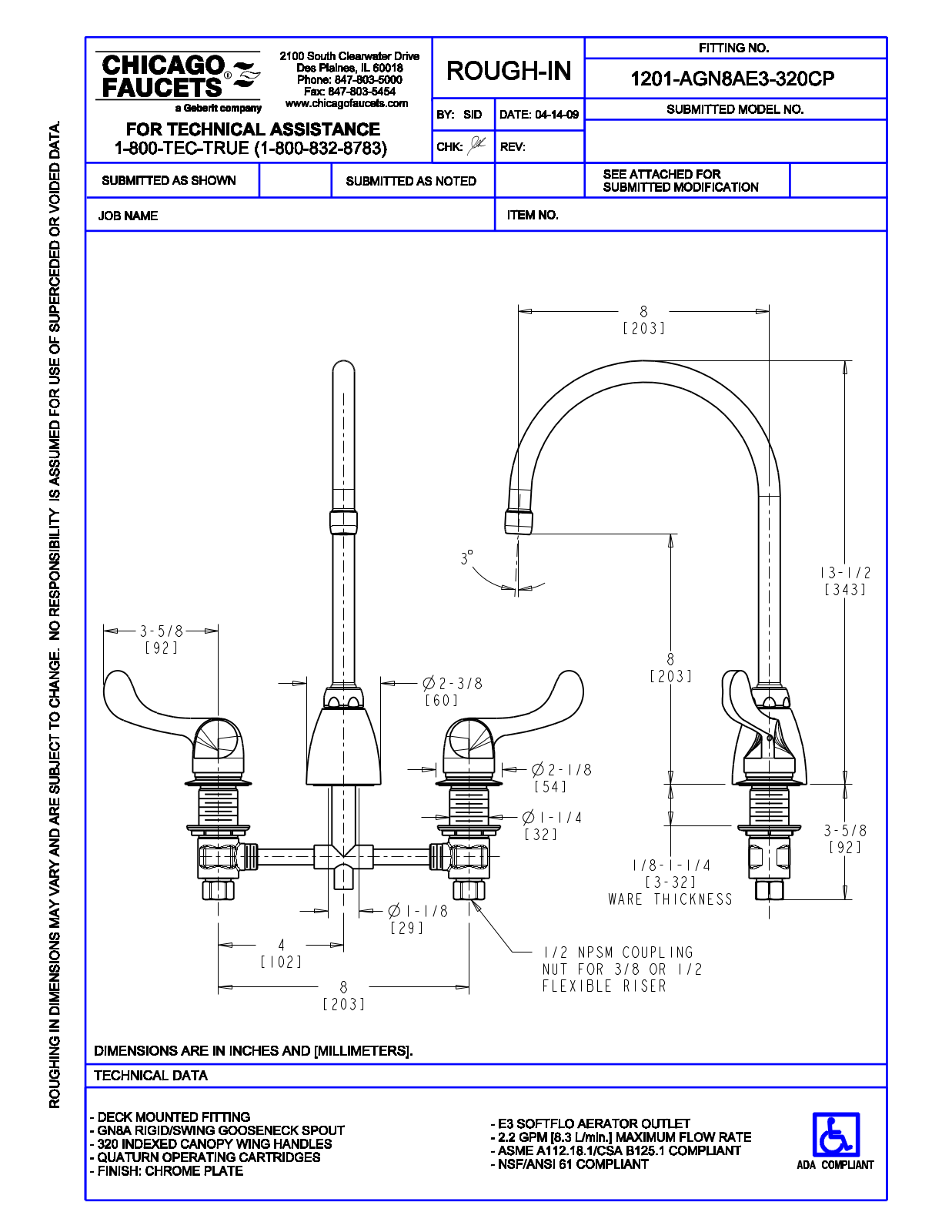 Chicago Faucet 1201-AGN8AE3-320CP User Manual