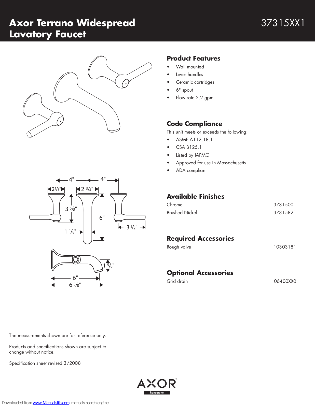 Axor 37315821, 37315001, 37315001,37315821 Specification Sheet - ManualMachine.com