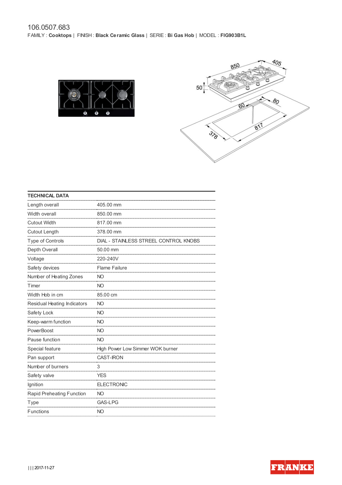 Franke FIG903B1L Datasheet