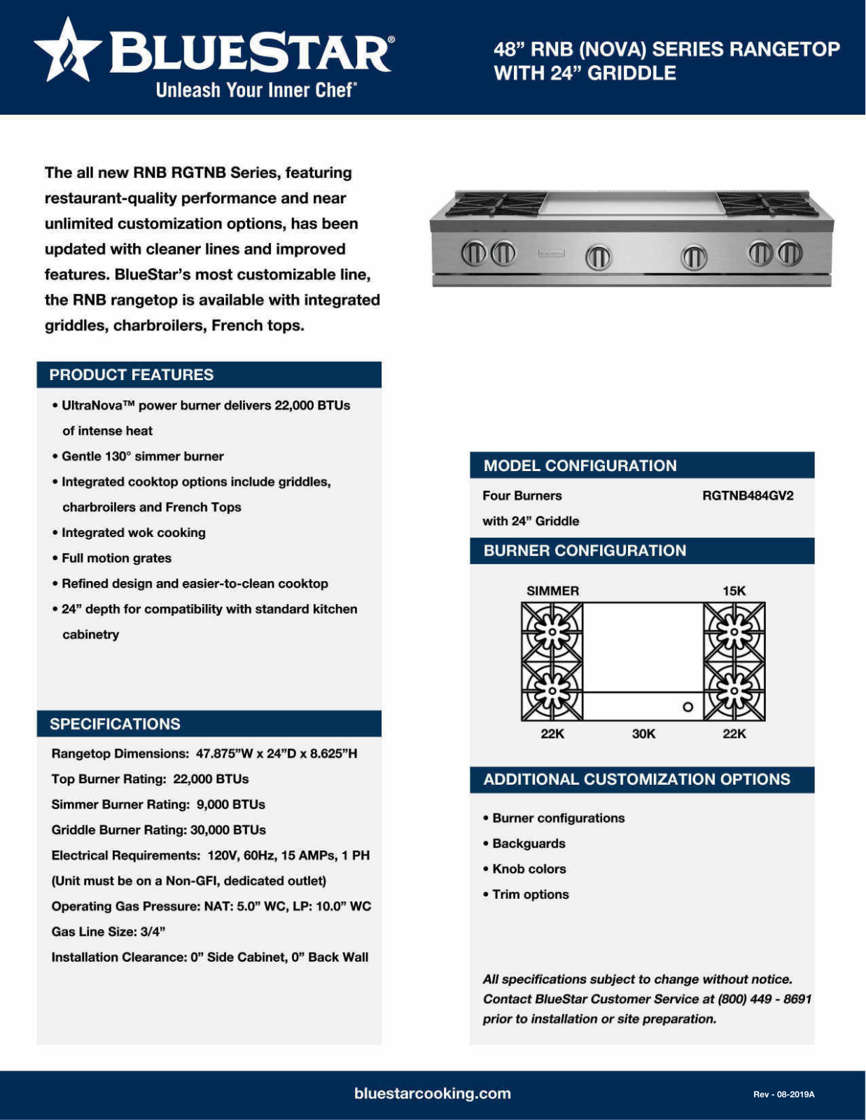 Bluestar RGTNB484GV2 Specsheet