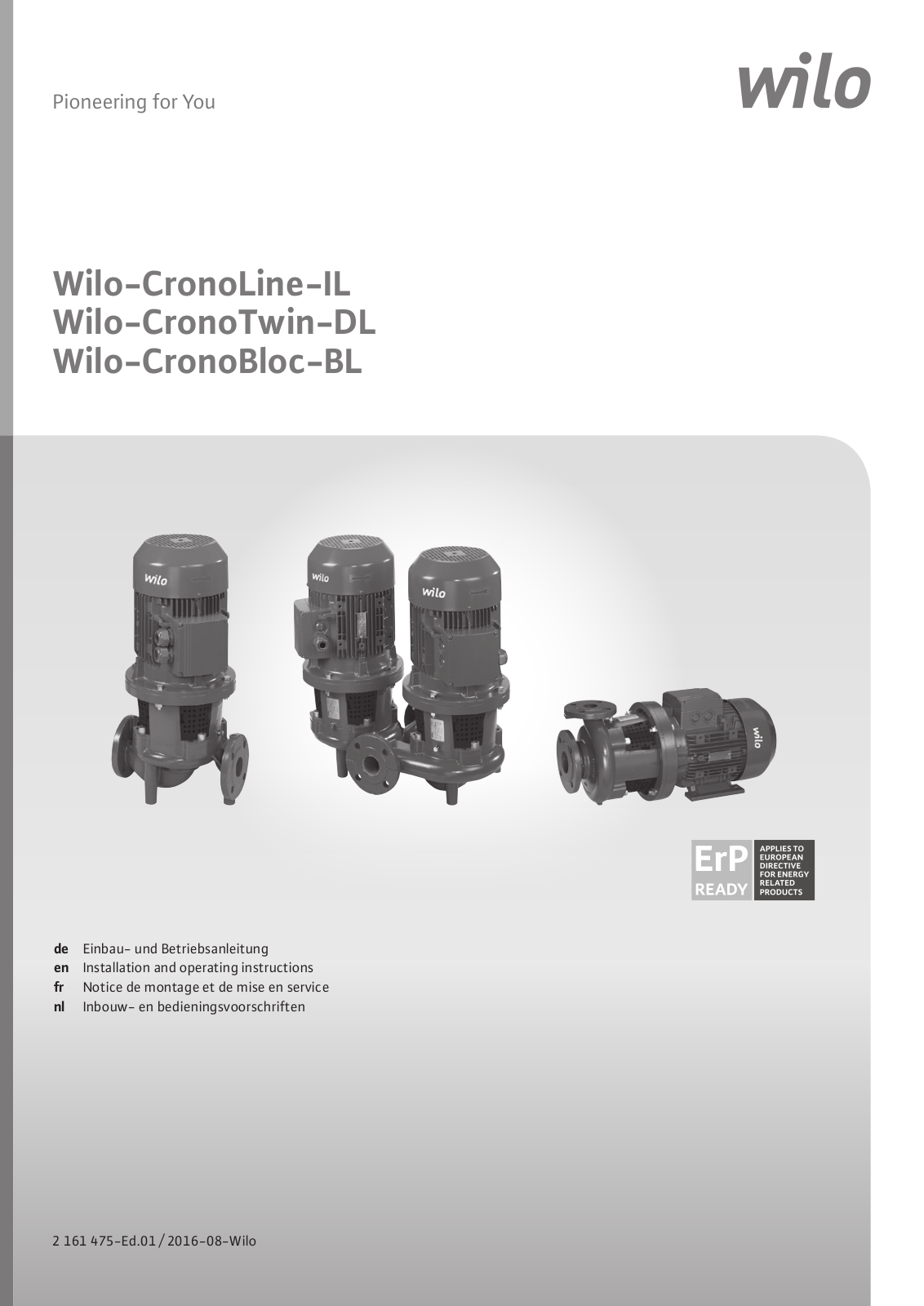 Wilo CronoLine-IL, CronoTwin-DL, CronoBloc-BL Installation And Operating Instructions Manual