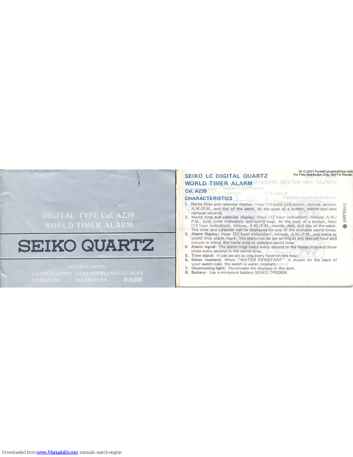 Seiko Quartz A239 Instructions Manual