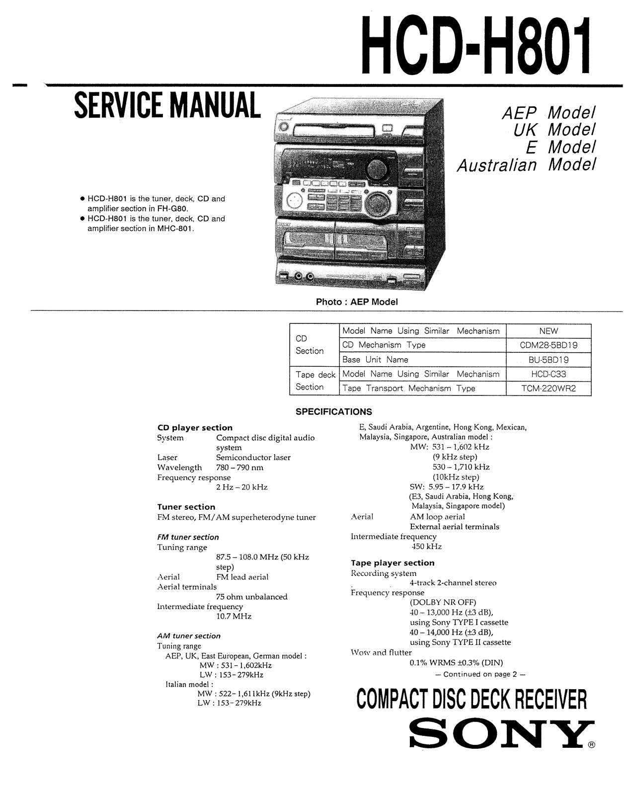 SONY HCD H801 Service Manual