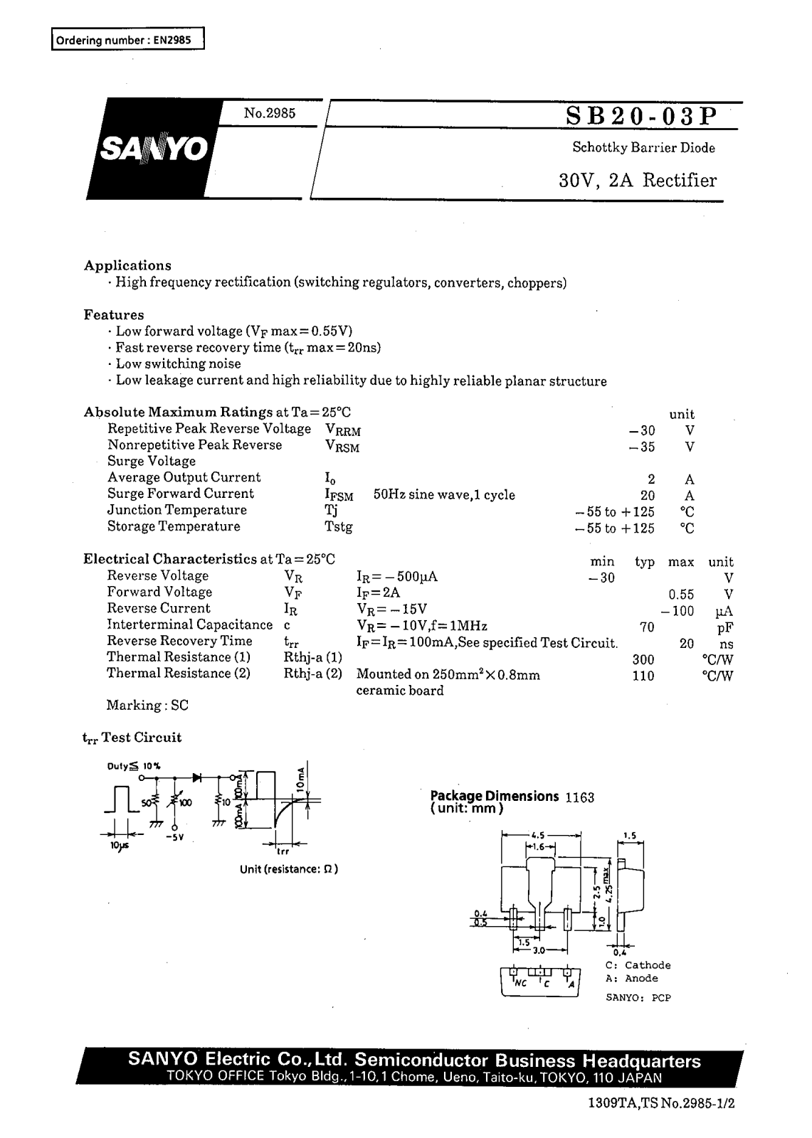 SANYO SB20-03P Datasheet