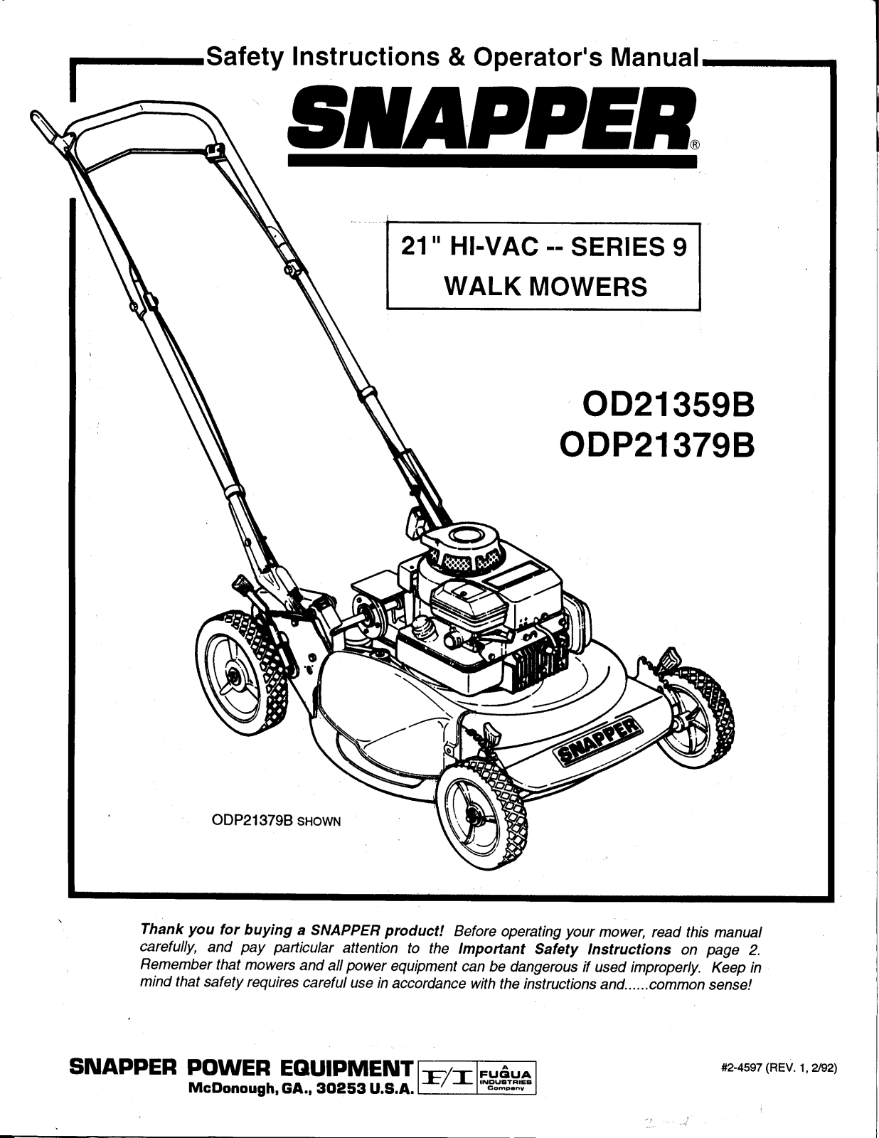 Snapper ODP21379B, OD21359B User Manual