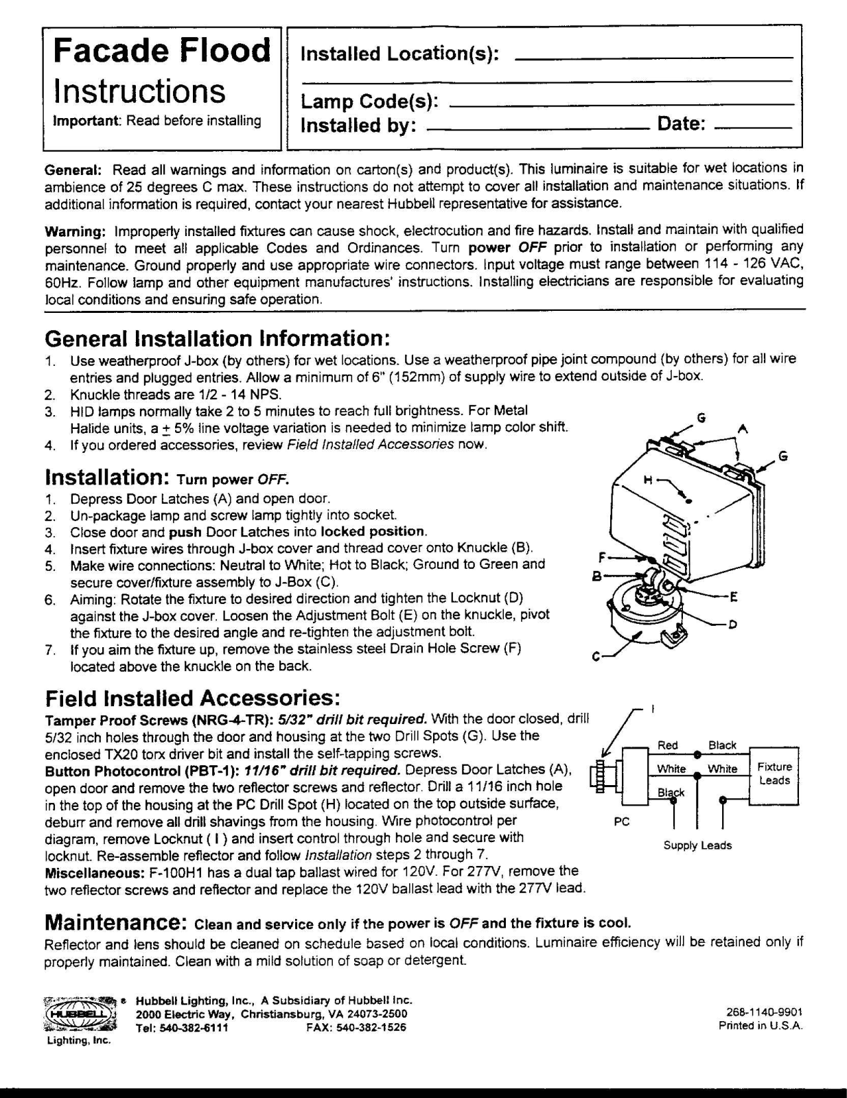 Hubbell Lighting FACADE FLOOD User Manual