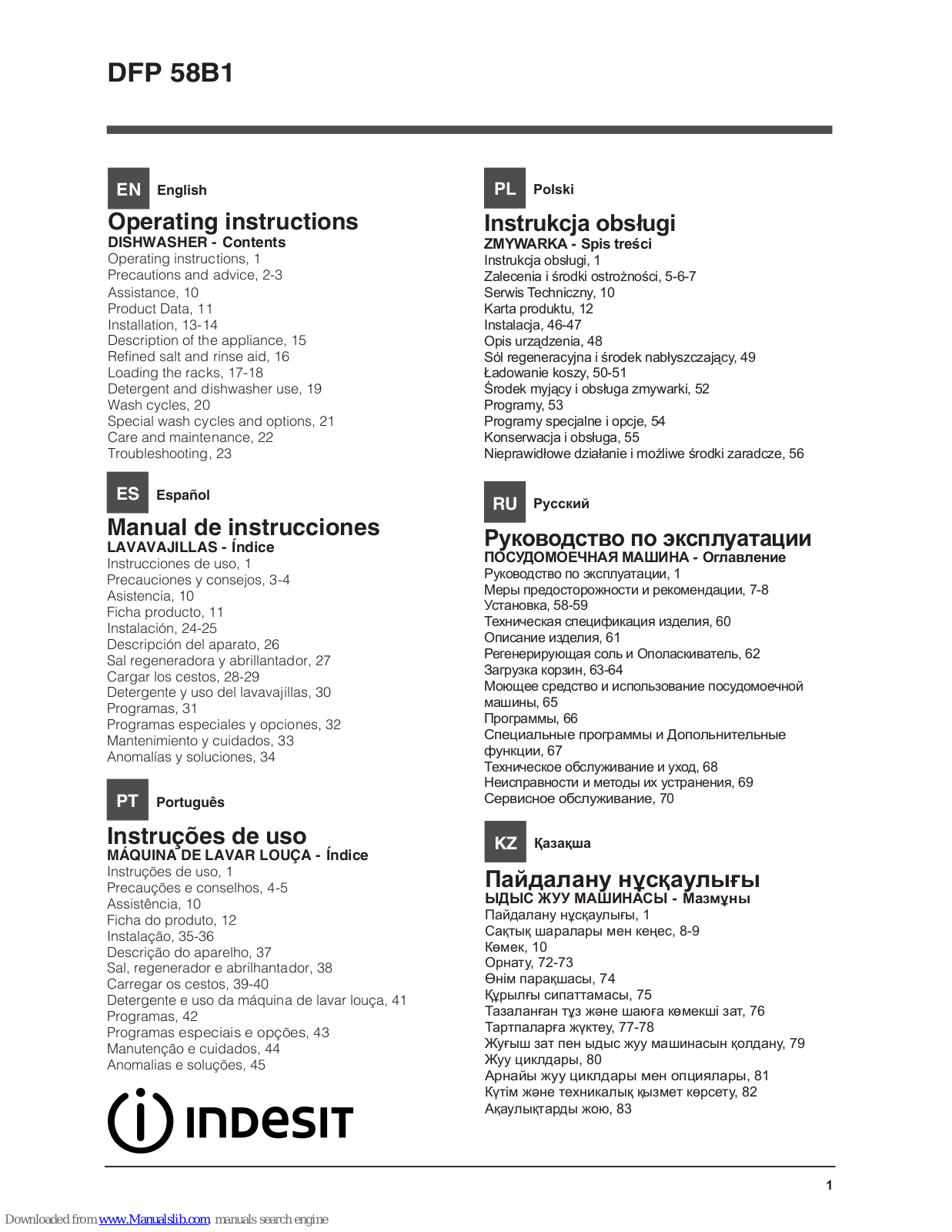 Indesit DFP 58B1, DFP 58T1 Operating Instructions Manual