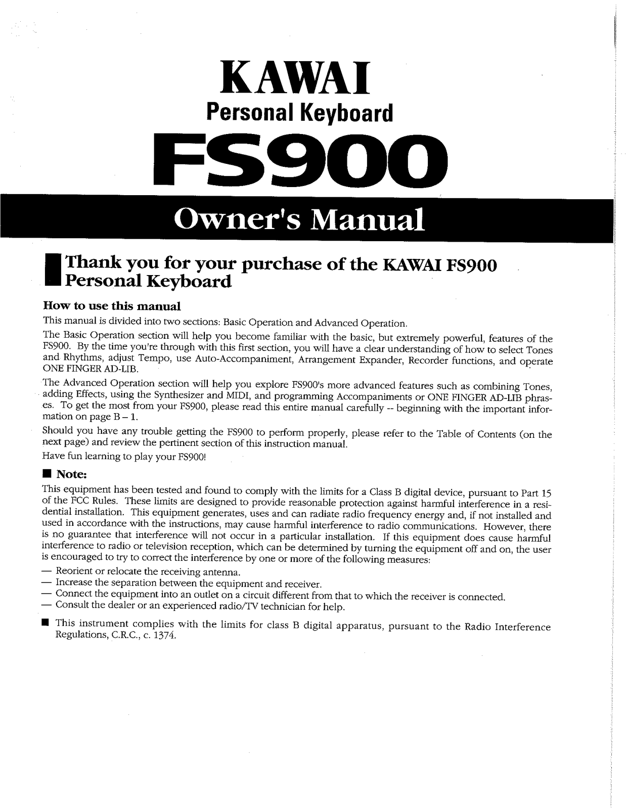 Kawai FS900 User Manual