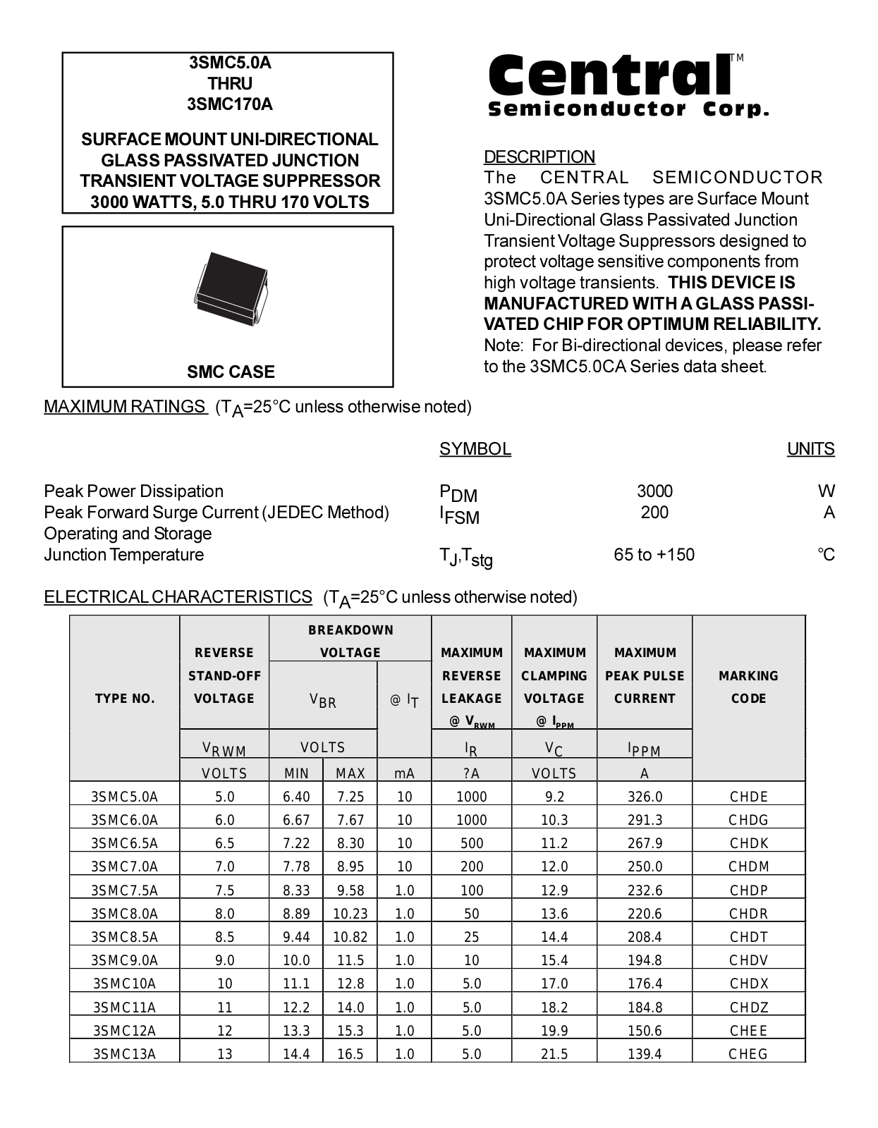 CENTR 3SMC90A, 3SMC85A, 3SMC8.0A, 3SMC28A, 3SMC26A Datasheet