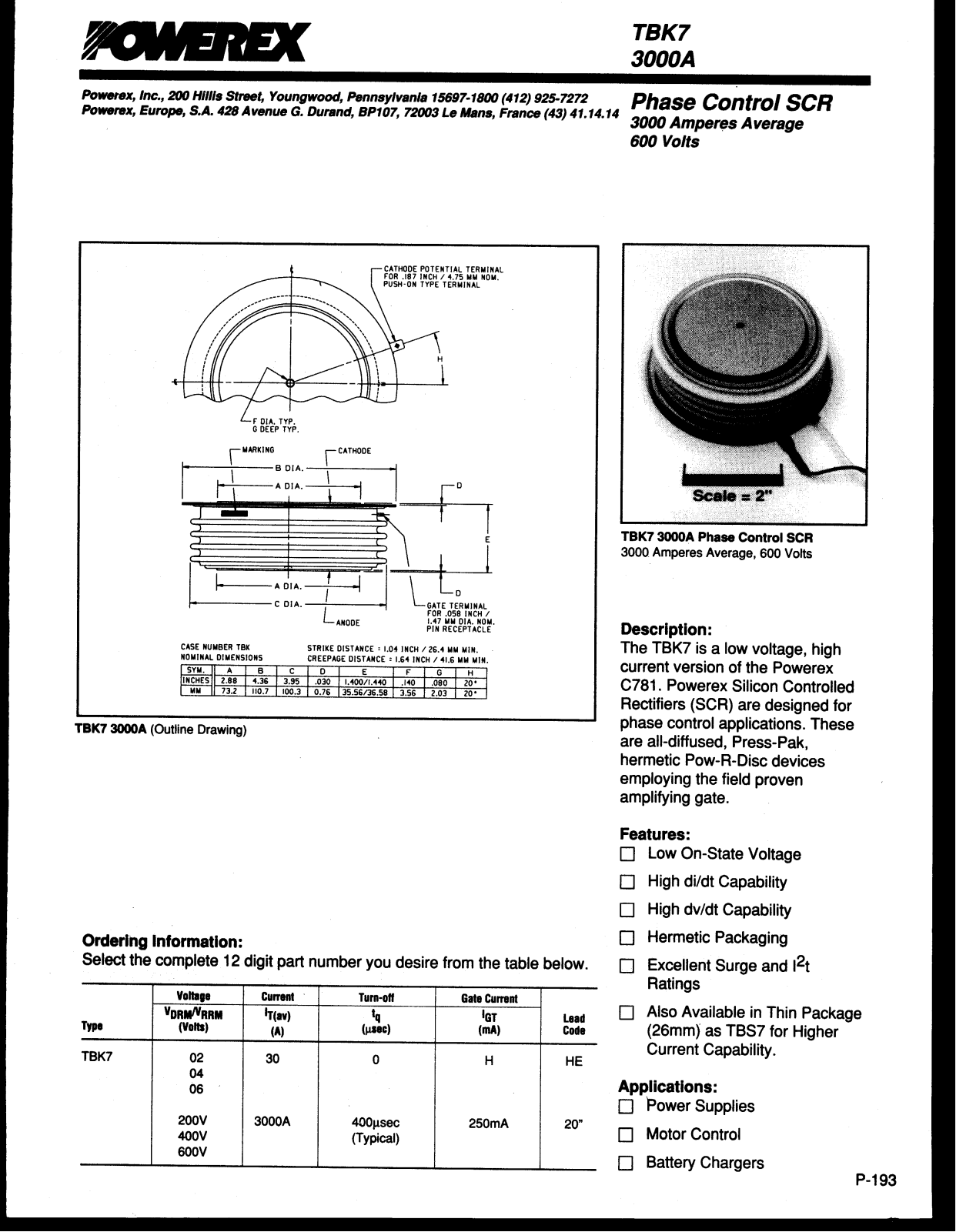 Powerex TBK7 3000A Data Sheet