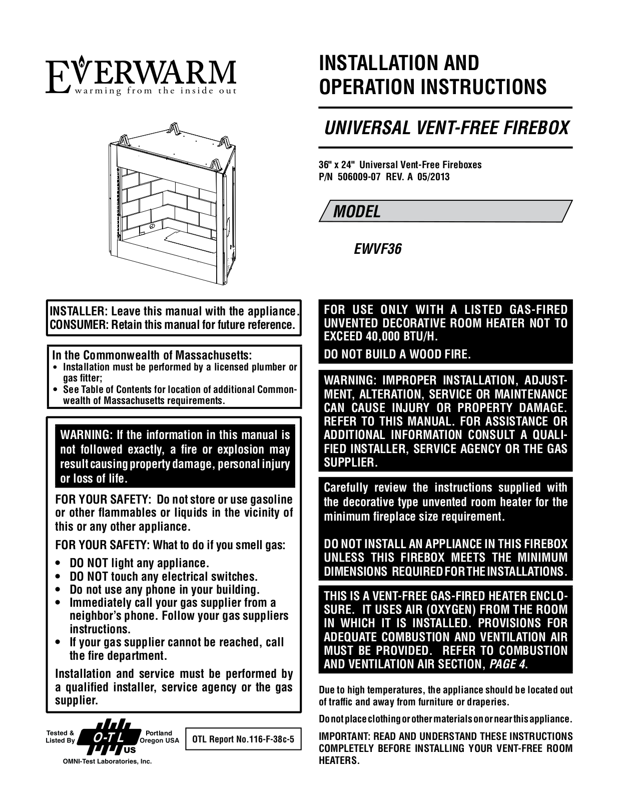 Everwarm EWVF36 Installation And Operation Instructions Manual