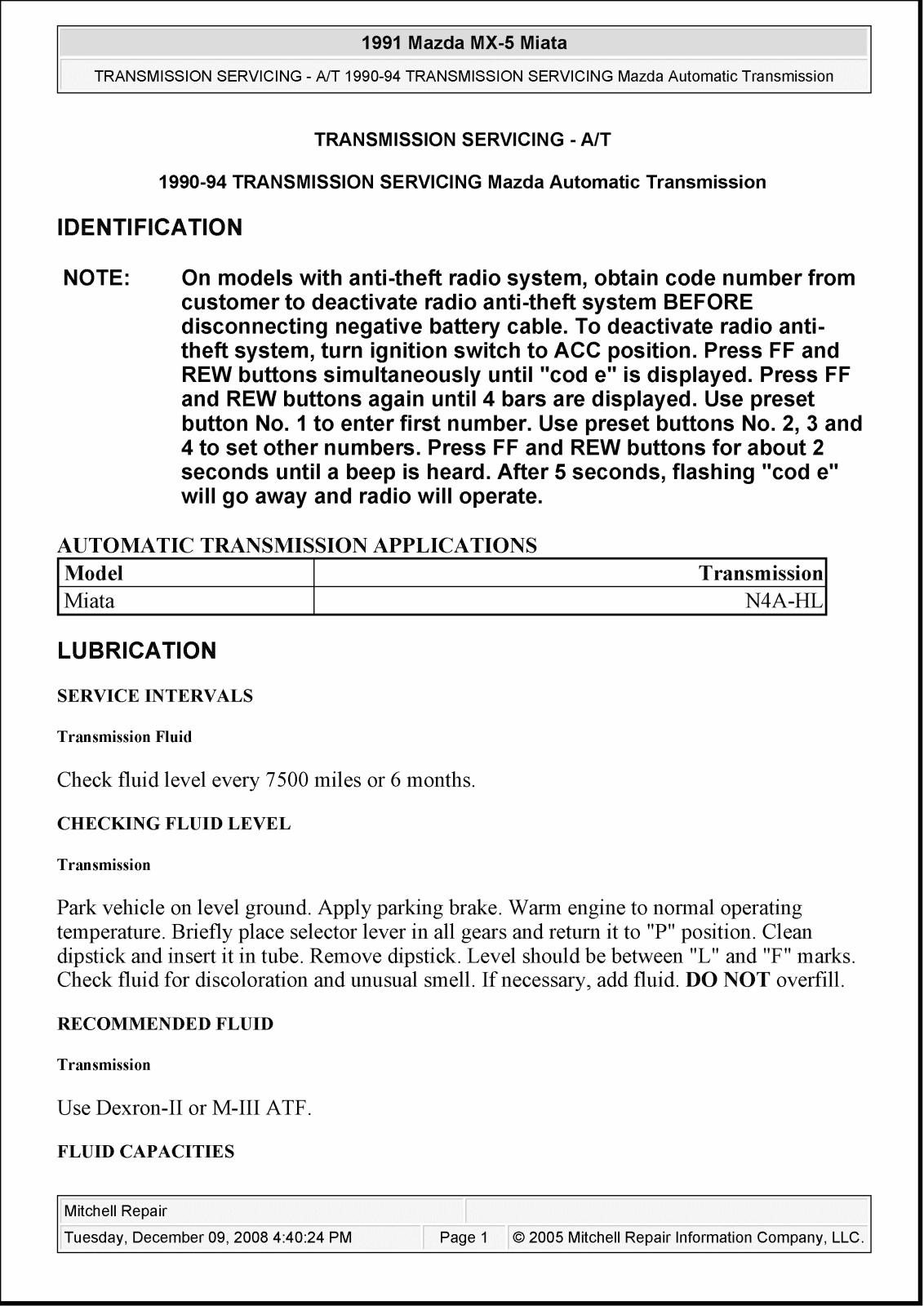 Mazda MX-5 Miata 1990 1994 User Manual