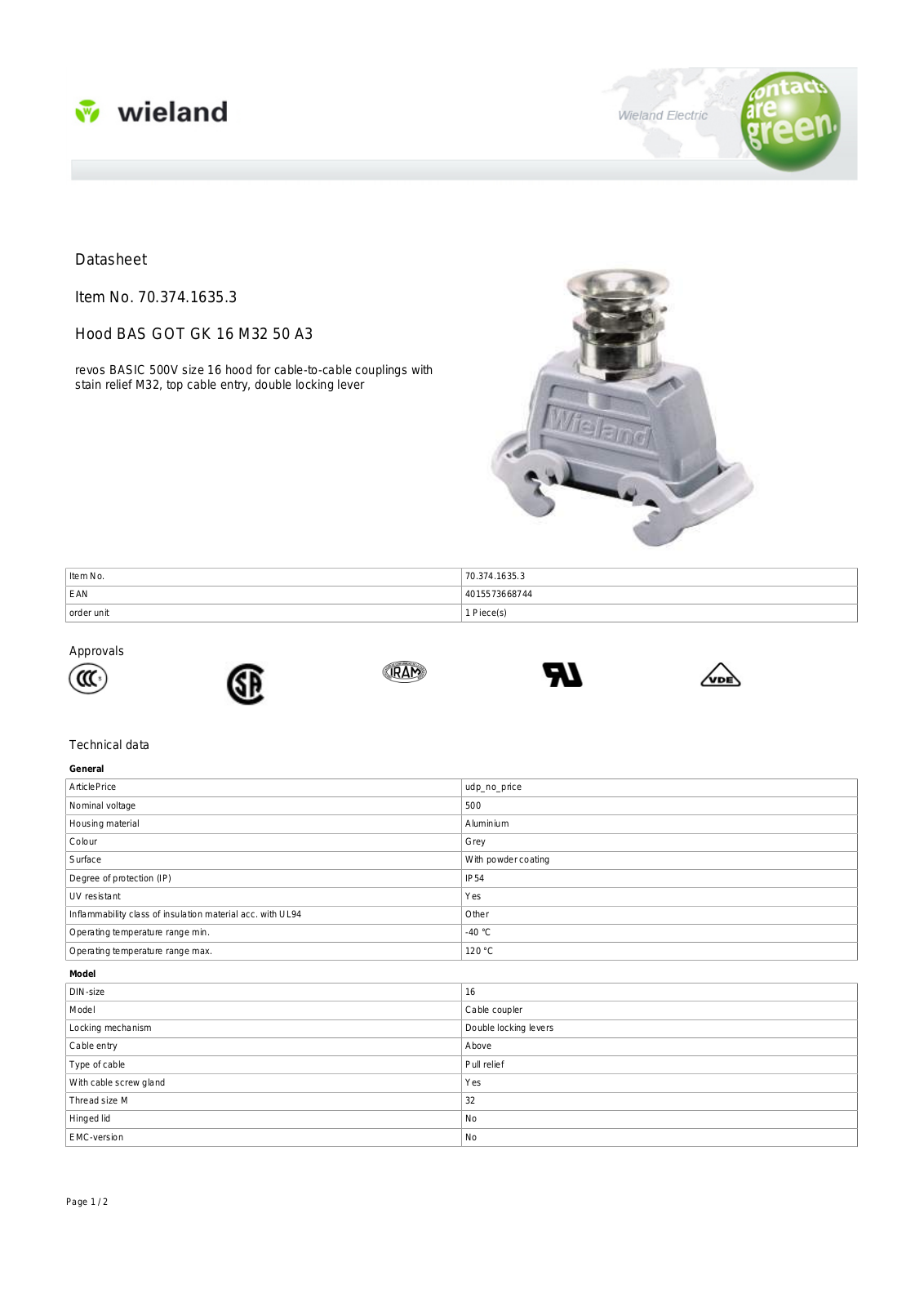 Wieland 70.374.1635.3 Data Sheet