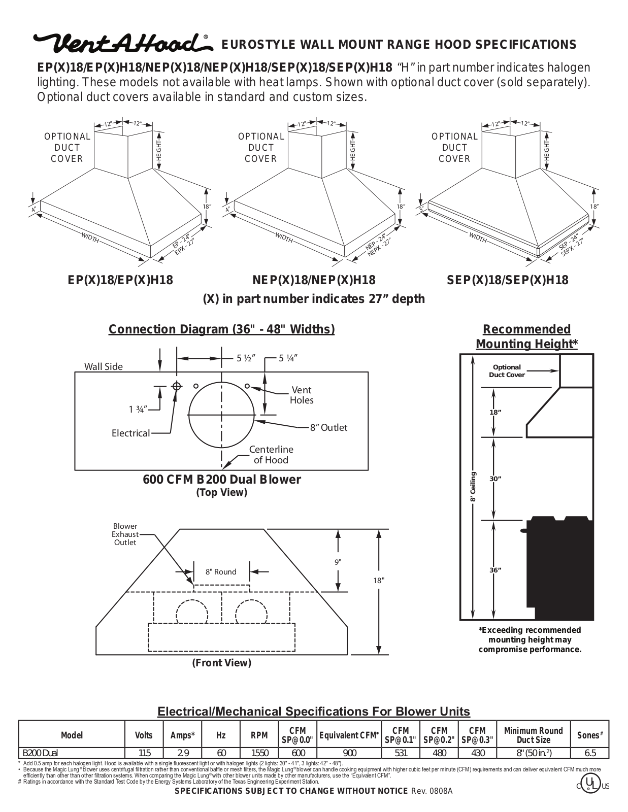 Vent-A-Hood EPH18, NEP18, NEPH18, SEP18, SEPH18 SPECIFICATIONS