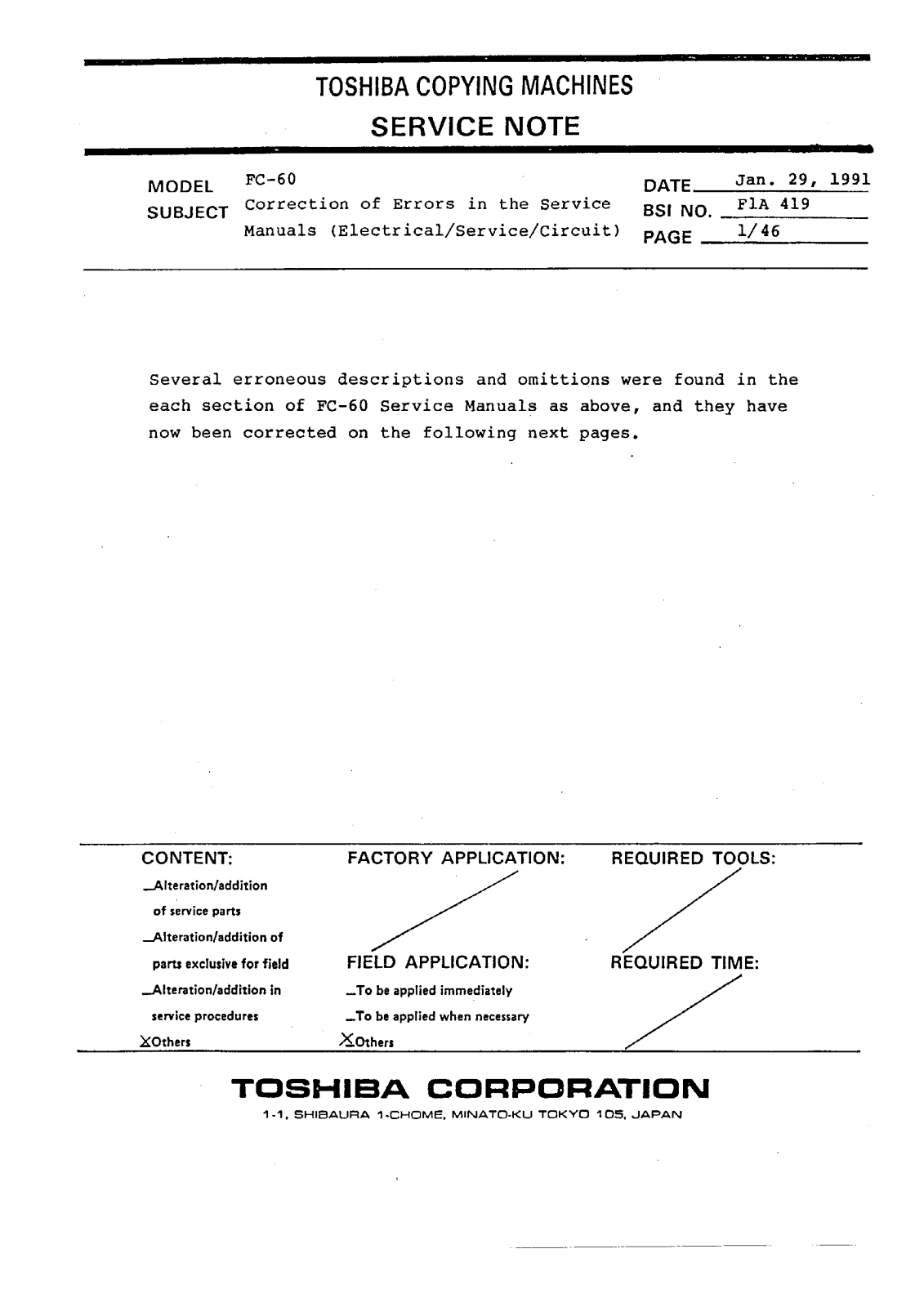 Toshiba f1a419 Service Note