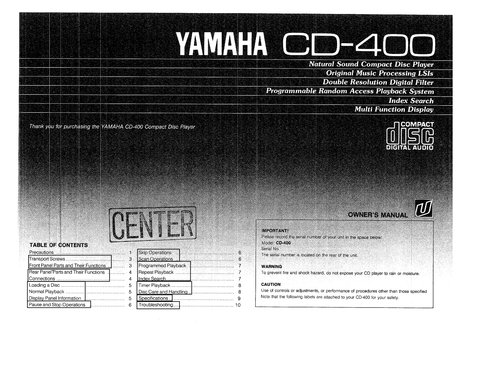 Yamaha CD-400 Owner Manual