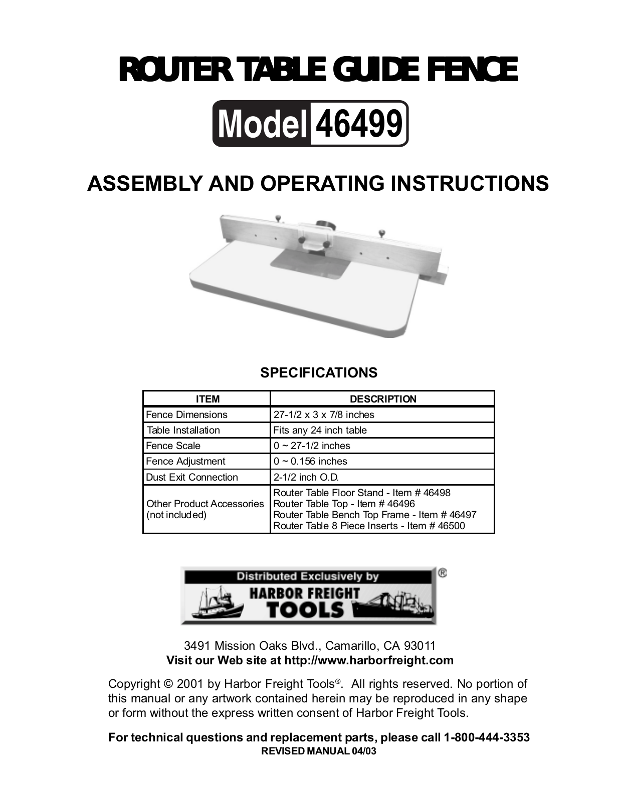 Harbor Freight Tools 46499 Assembly And Operating Instructions Manual