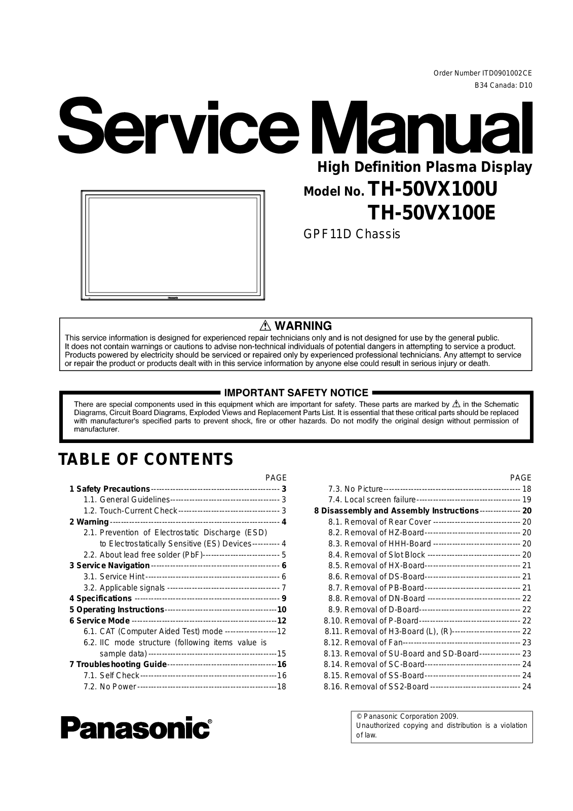 Panasonic TH-50VX100U, TH-50VX100E Service manual