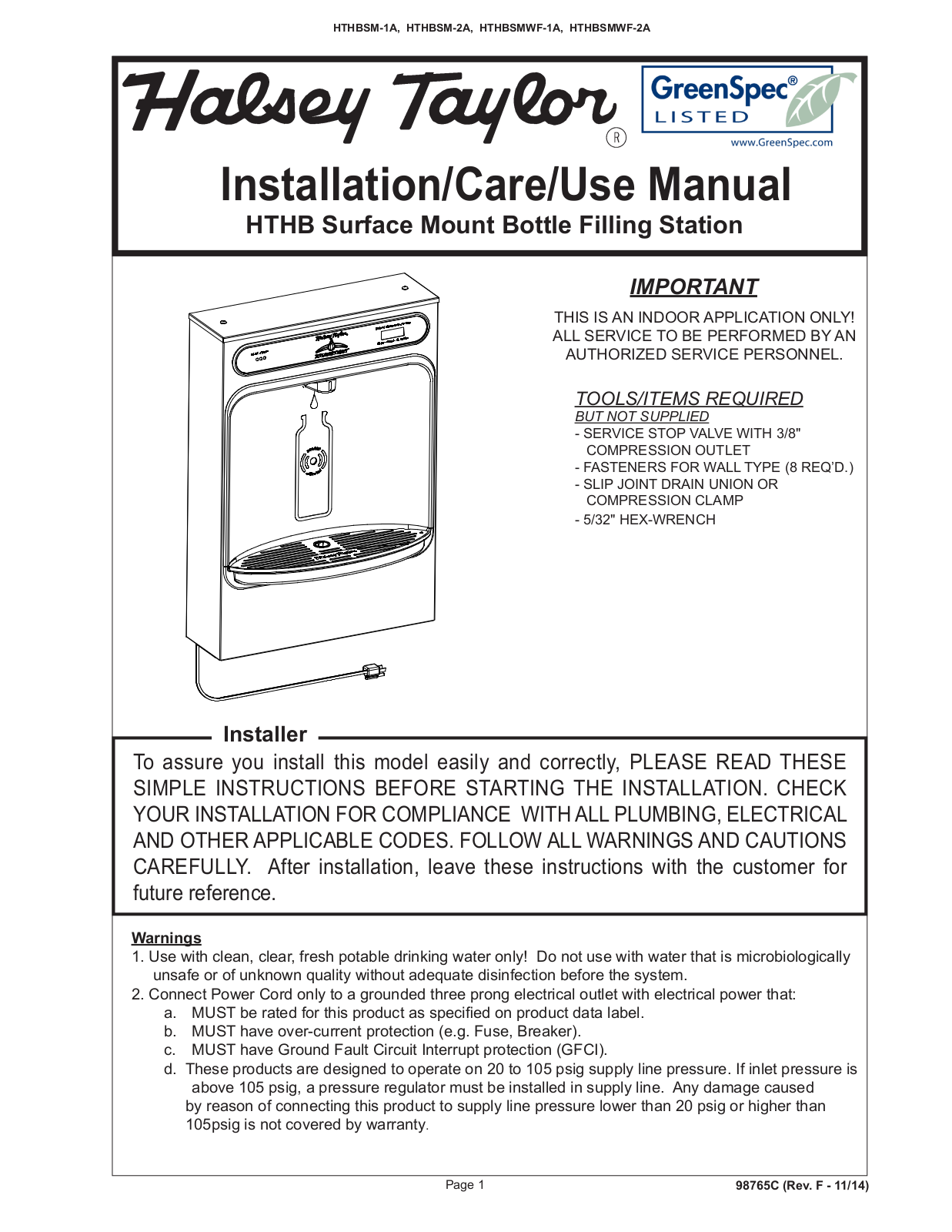 Halsey Taylor HTHBSM-2A Installation  Manual