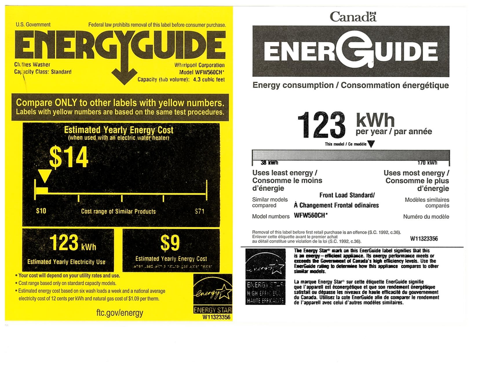 Whirlpool WFW560CHW Energy Guide