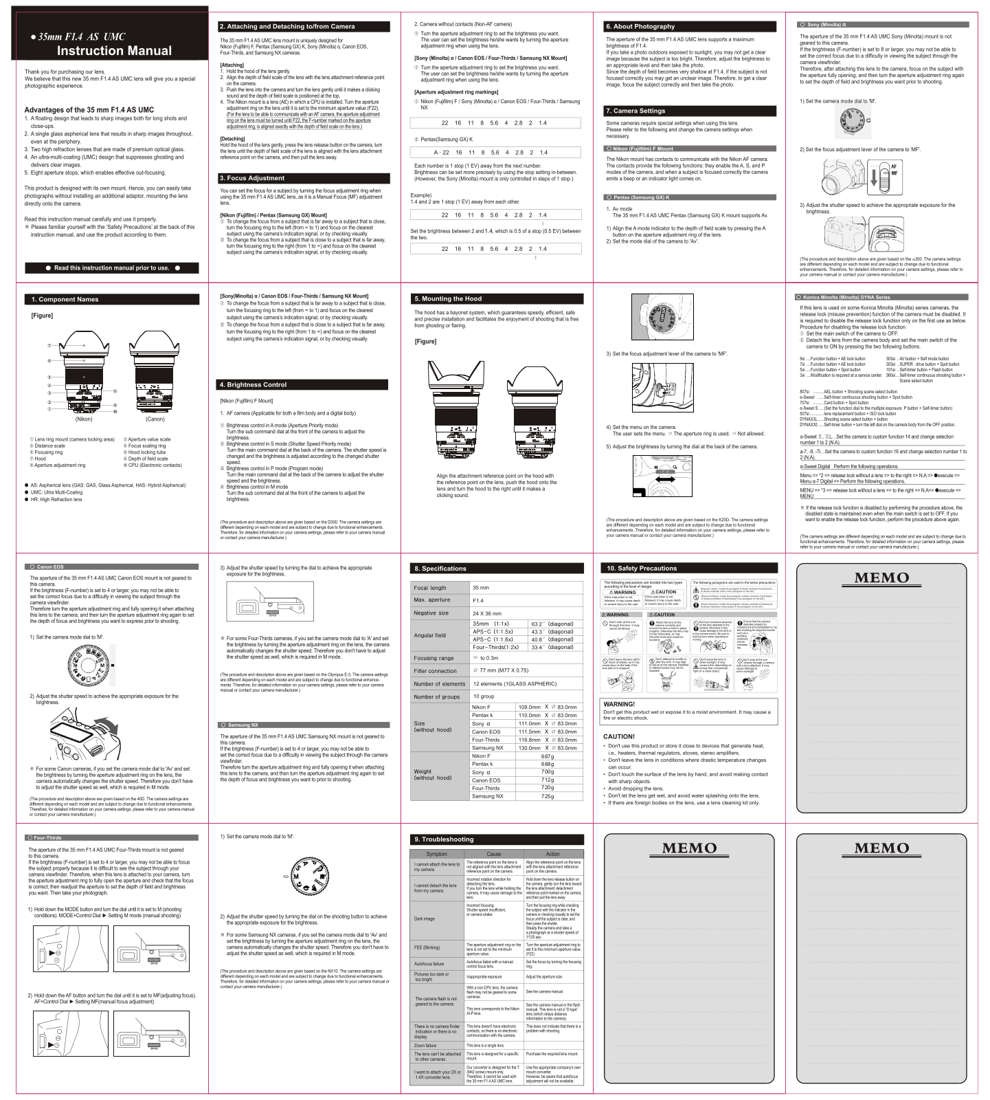 Samyang SY35M-S, SY35M-C, SYAE35M-C, SY35M-P, SY35MAE-N User manual