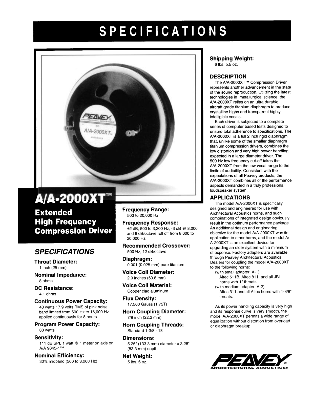 Peavey A-A-2000XT DATASHEET