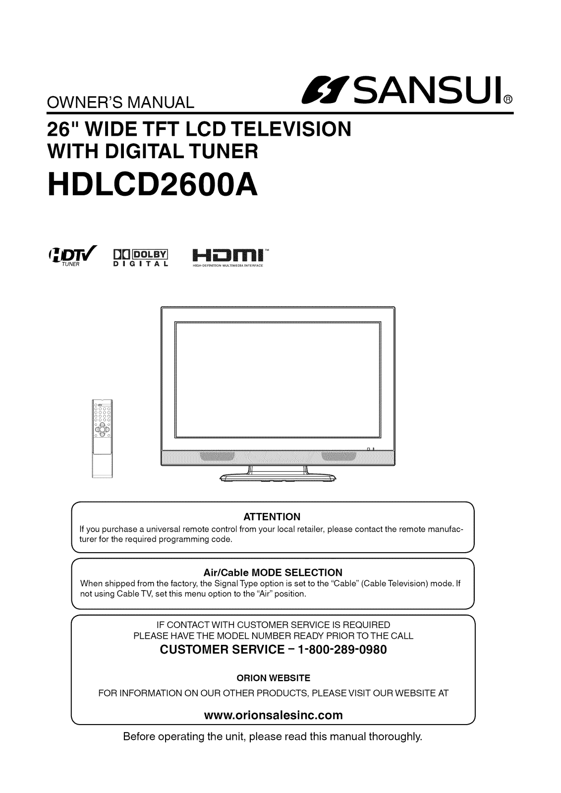 Sansui HD-LCD-2600-A Owners Manual